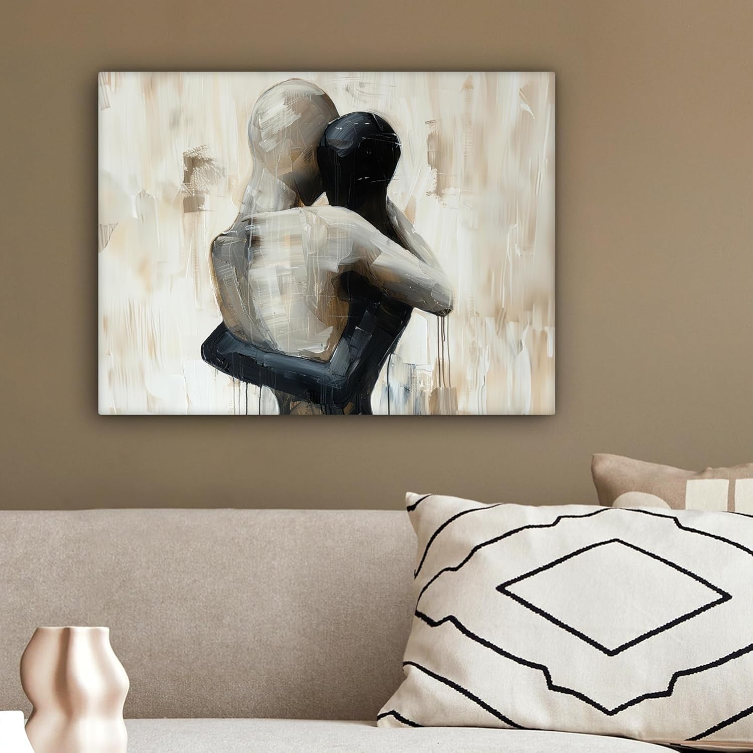 Abstract Couple Canvas Wall Art 40x30cm Framed Beige Print