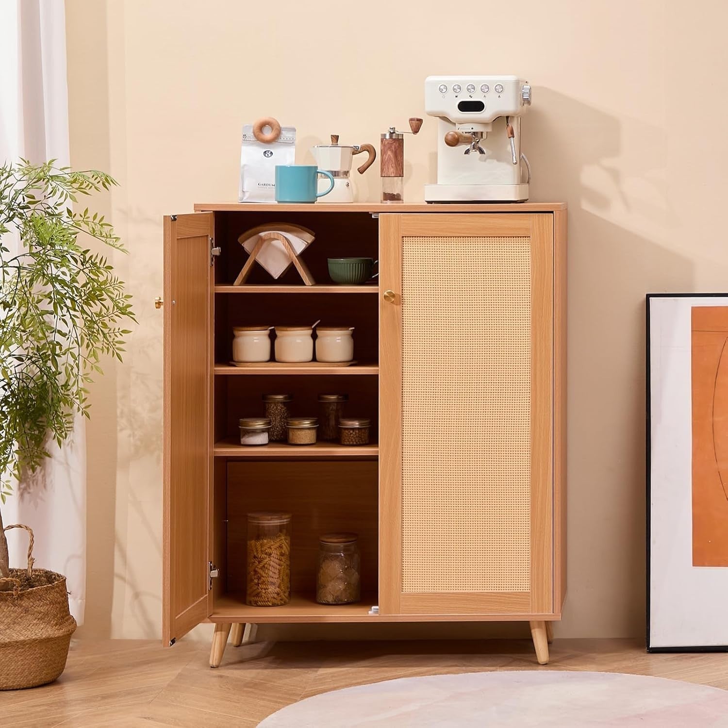 Rattan Shoe Cabinet 5 Tier Storage with Doors & Adjustable Shelves 80x34x102cm