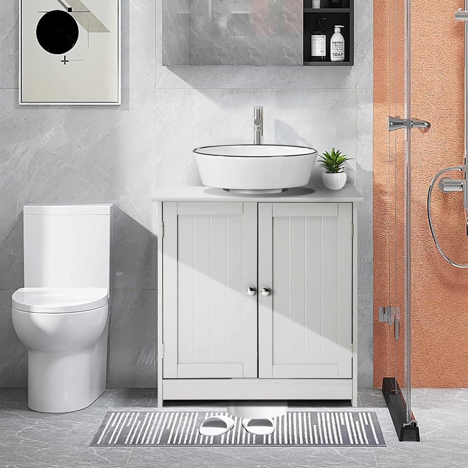 White Under Sink Bathroom Cabinet with Shelves Double Door Storage Unit