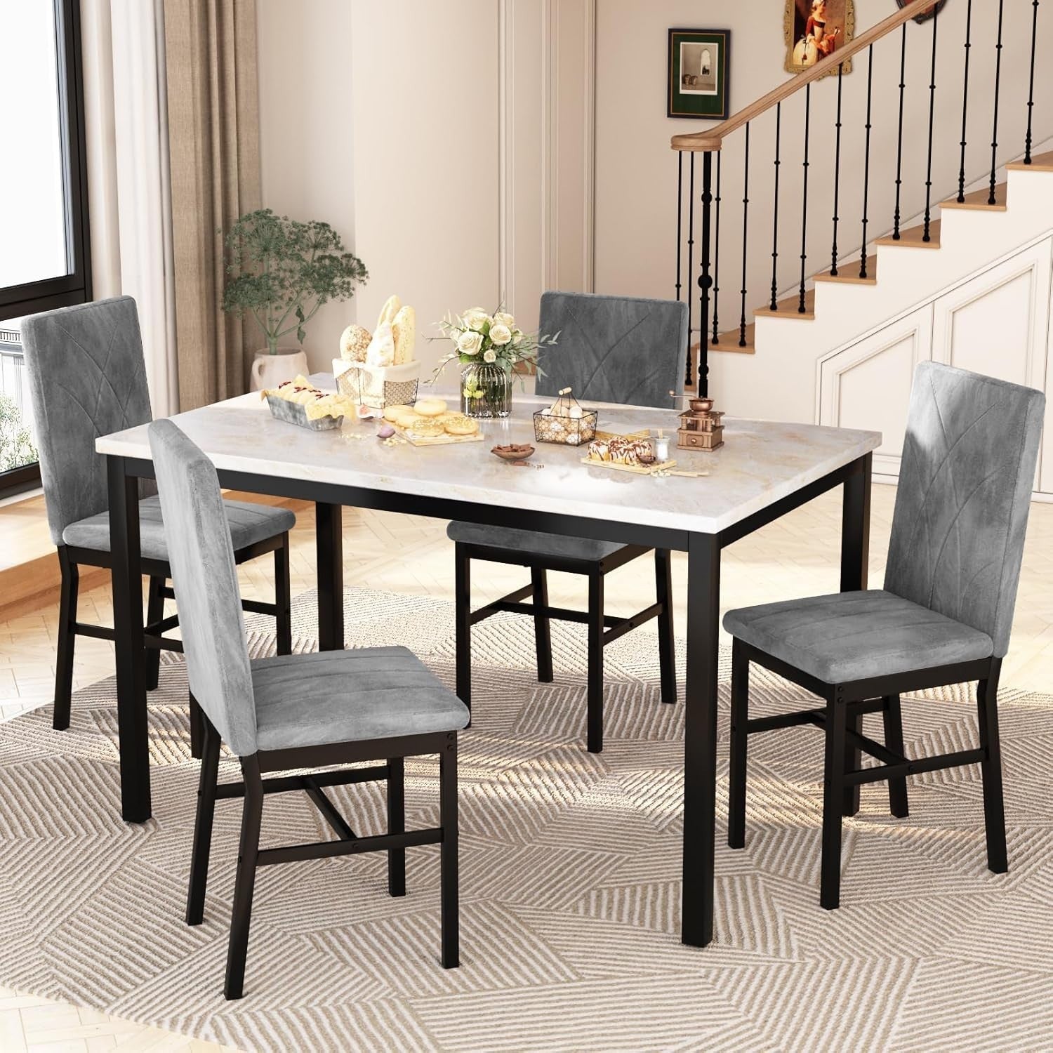 4 Seater Dining Table Set Marble Top & Velvet Chairs Modern Beige Grey