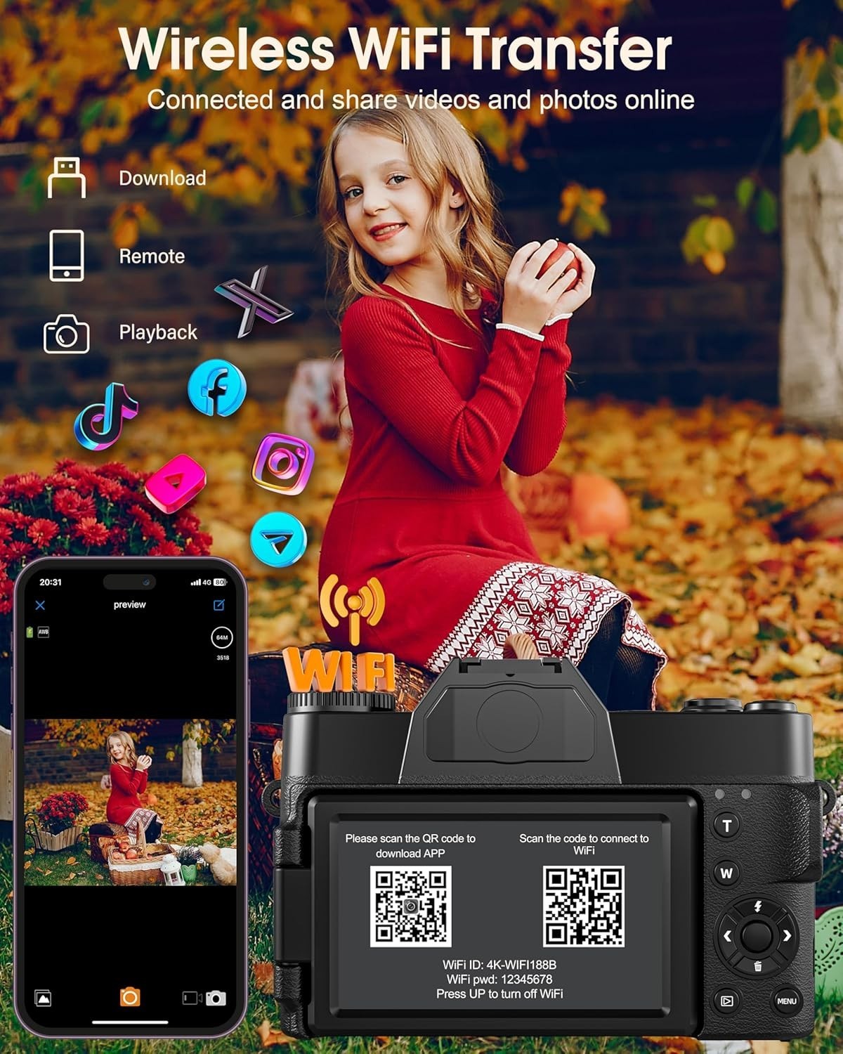 4K 75MP Digital Camera WiFi Flip Screen Vlogging Camera 32GB Bundle
