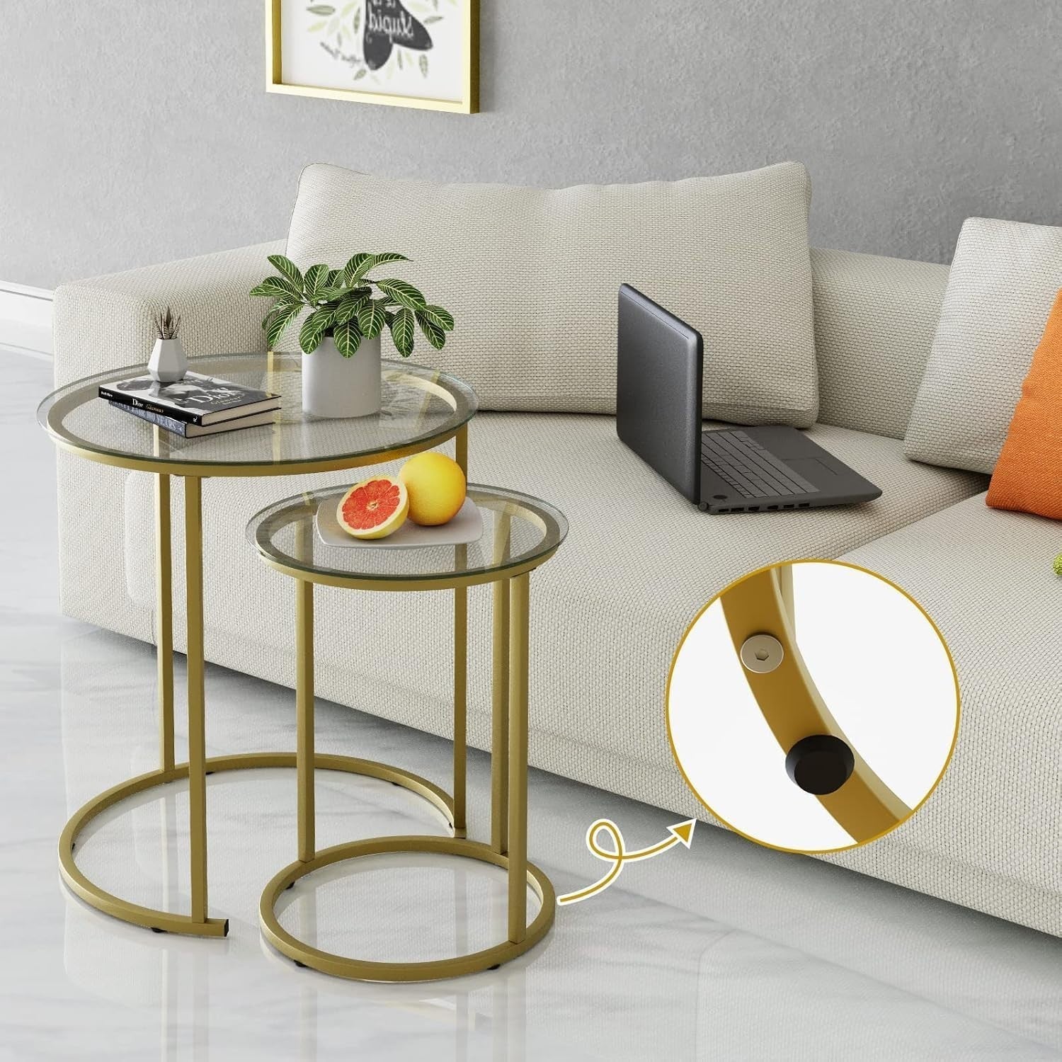 Space Saving Gold Nesting Coffee Table Set 2 Round Glass End Side Tables