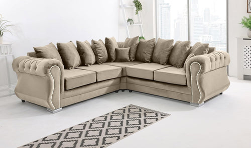 Cream Plush Velvet 5 Seater Corner Sofa with Foam Cushions & Button Tufted