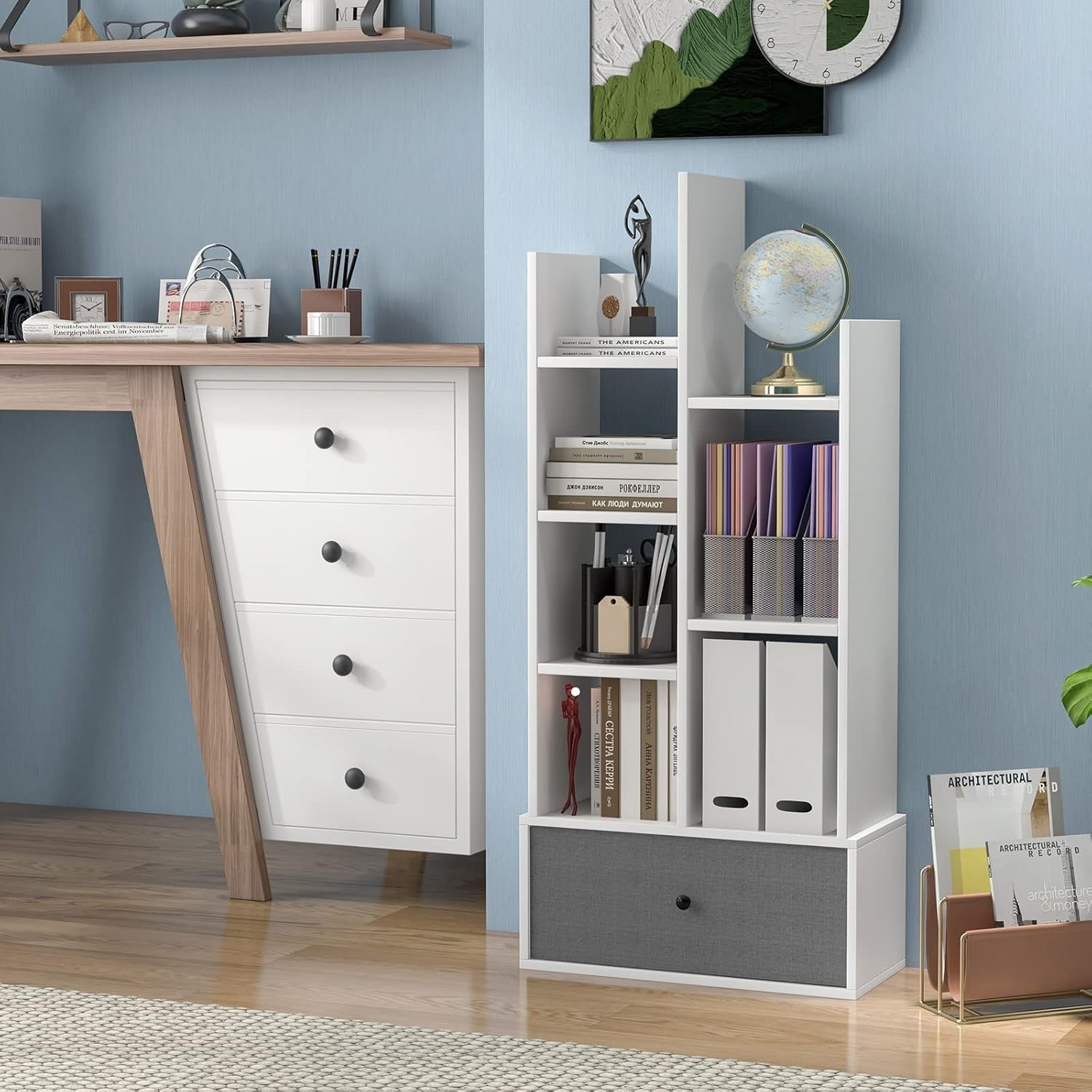 7-Tier White Wooden Bookshelf with Folding Drawer, Space-Saving Storage