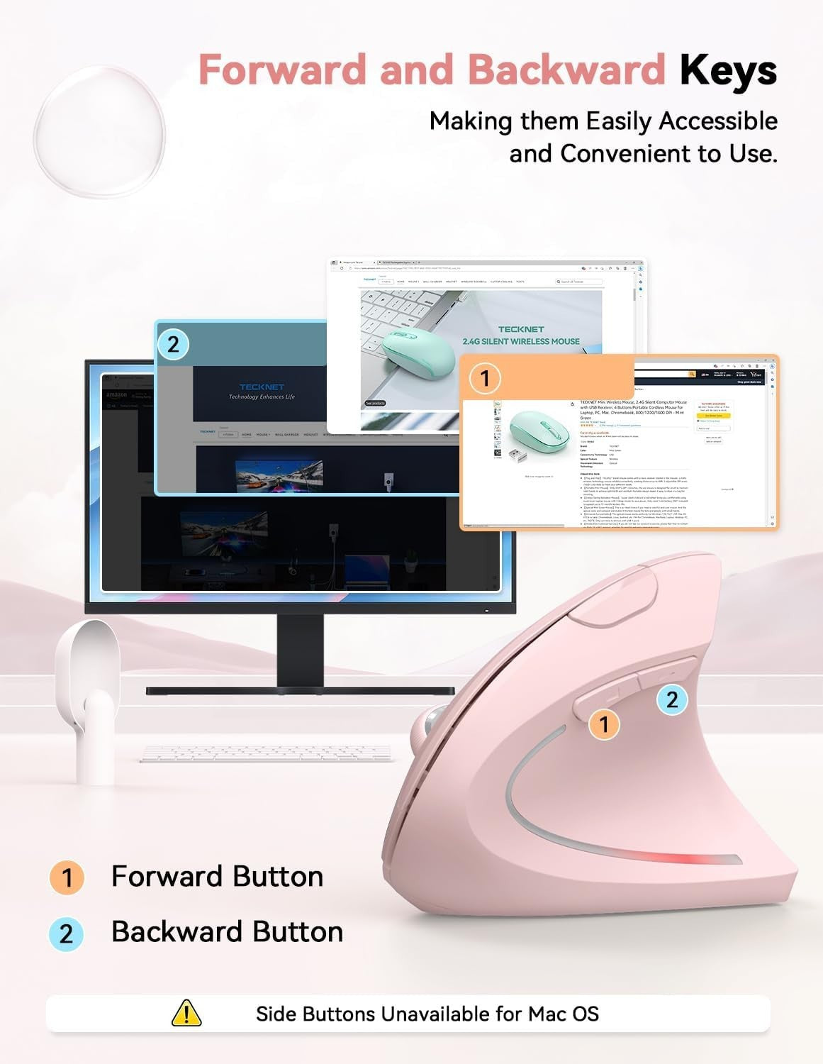 Ergonomic Vertical Wireless Mouse 4800 DPI Silent 6 Button Pink