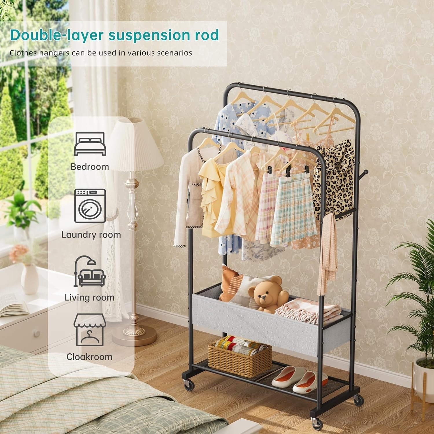 Heavy Duty Clothes Rail with Wheels & Shelf – Black 91×43×183cm