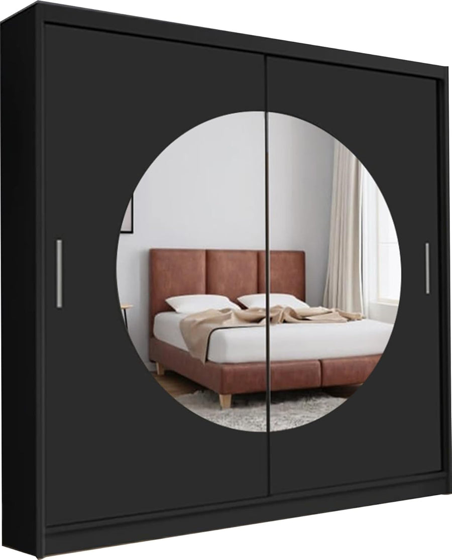 Black 2-Door Sliding Wardrobe 150cm Moon-Shaped Mirror Bedroom Storage