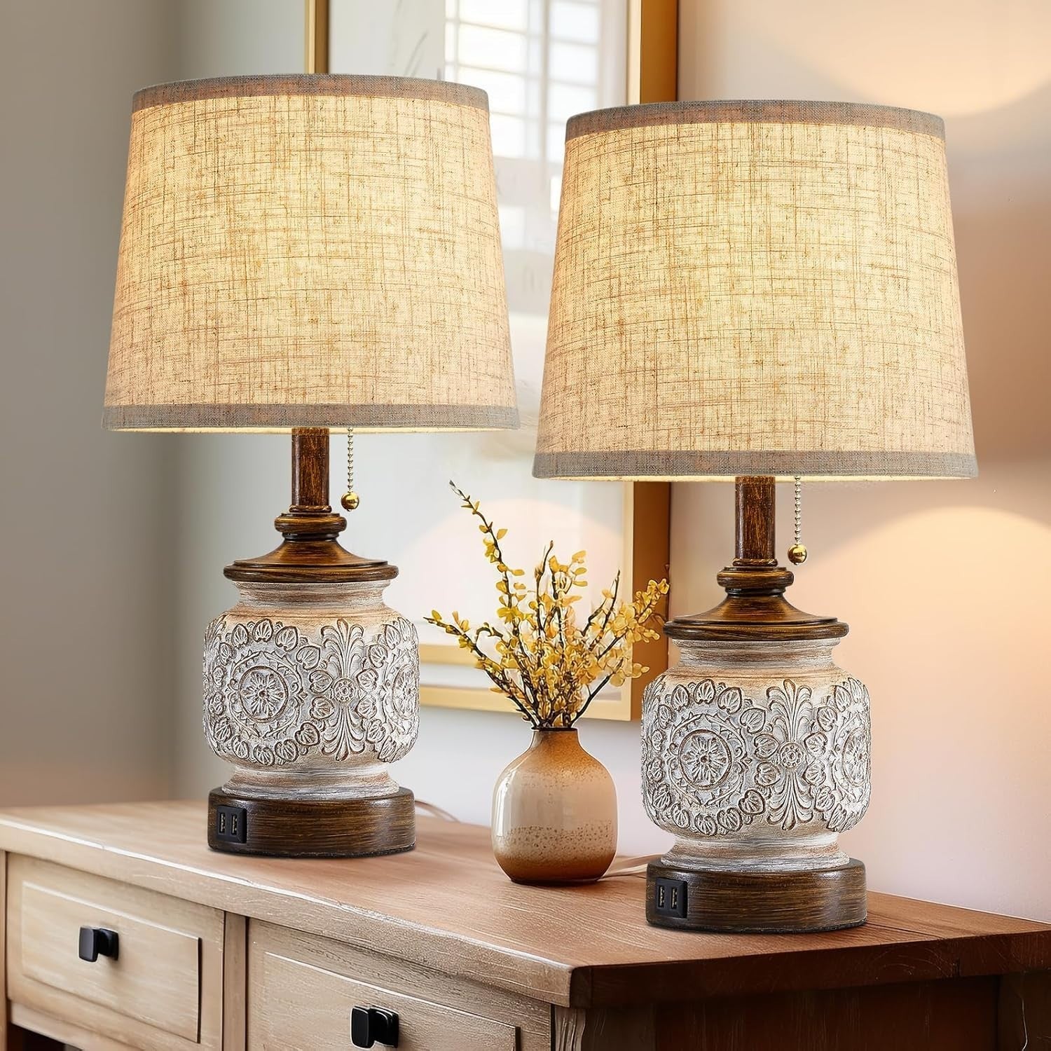 Farmhouse Rustic Table Lamps Set of 2 with USB Ports for Bedroom Living