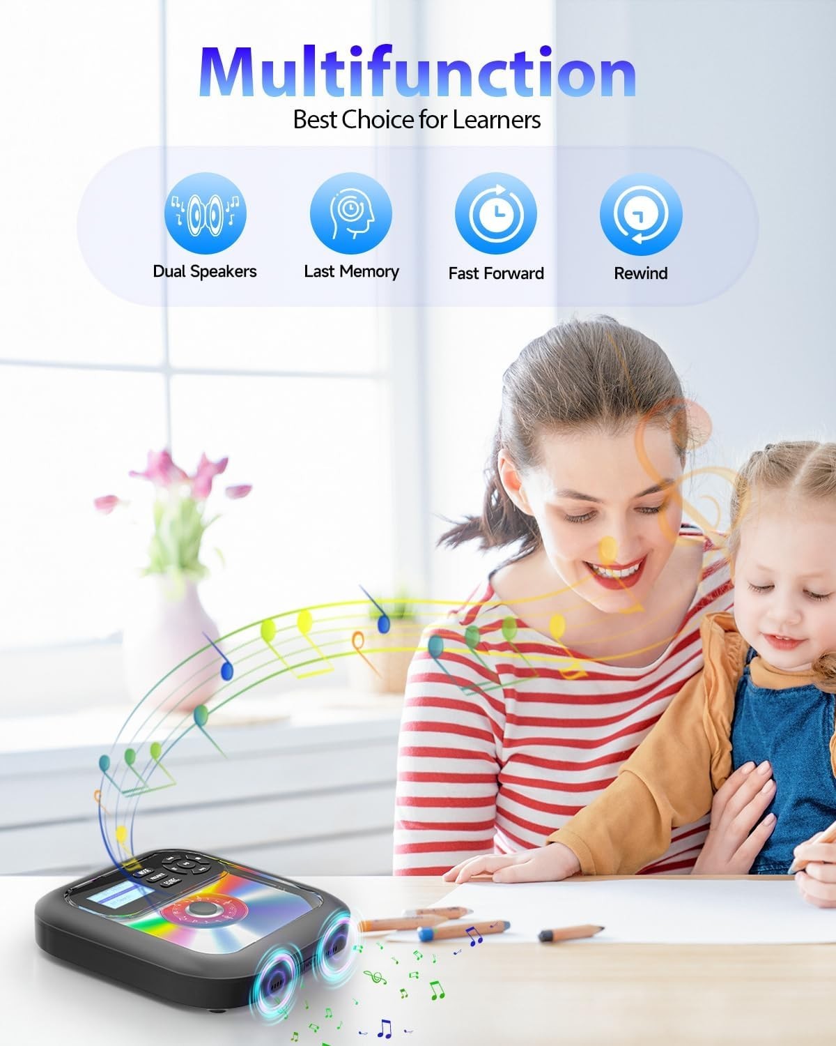 Portable CD Player Bluetooth FM Car Radio TF Card AUX Rechargeable