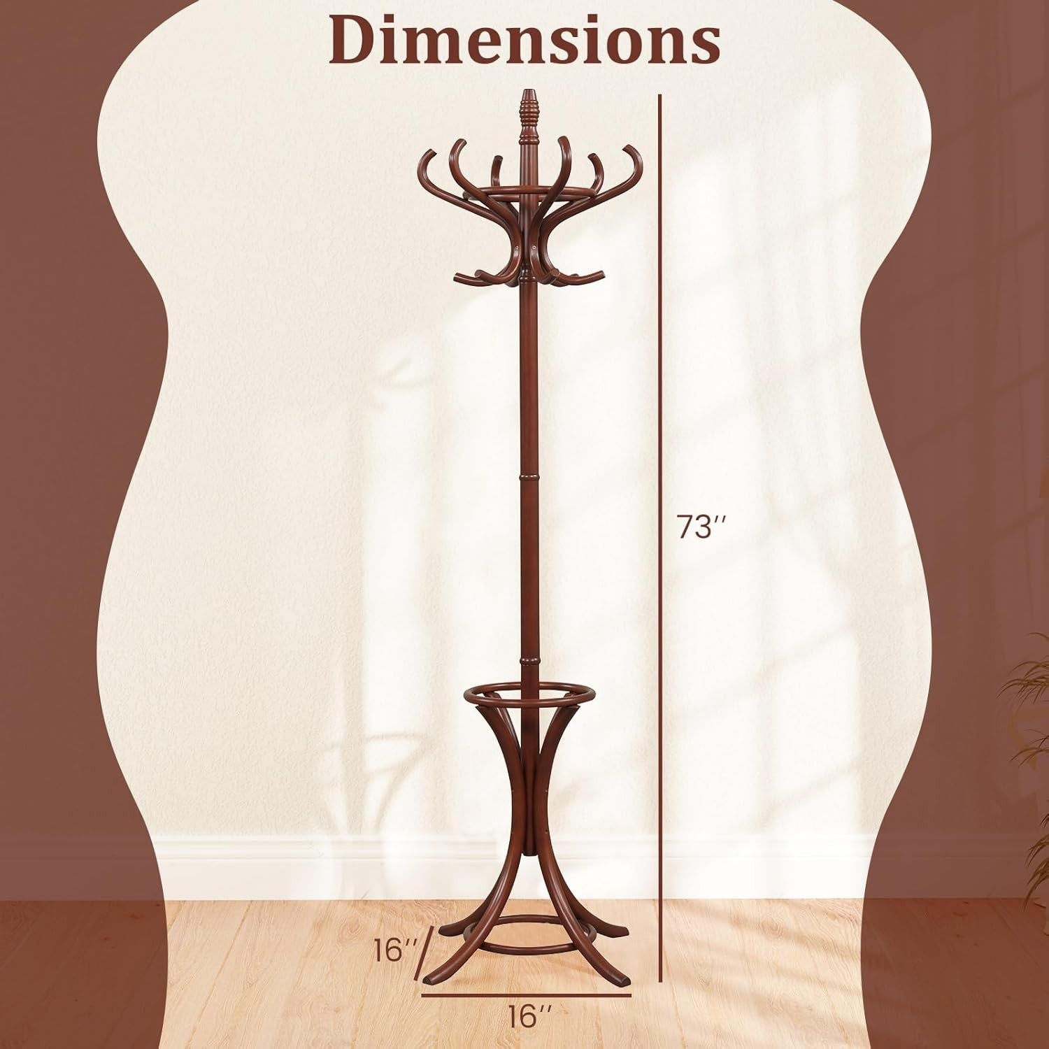 Wooden Coat Rack Stand 12 Hooks & Umbrella Holder | 73” Freestanding Hall Tree
