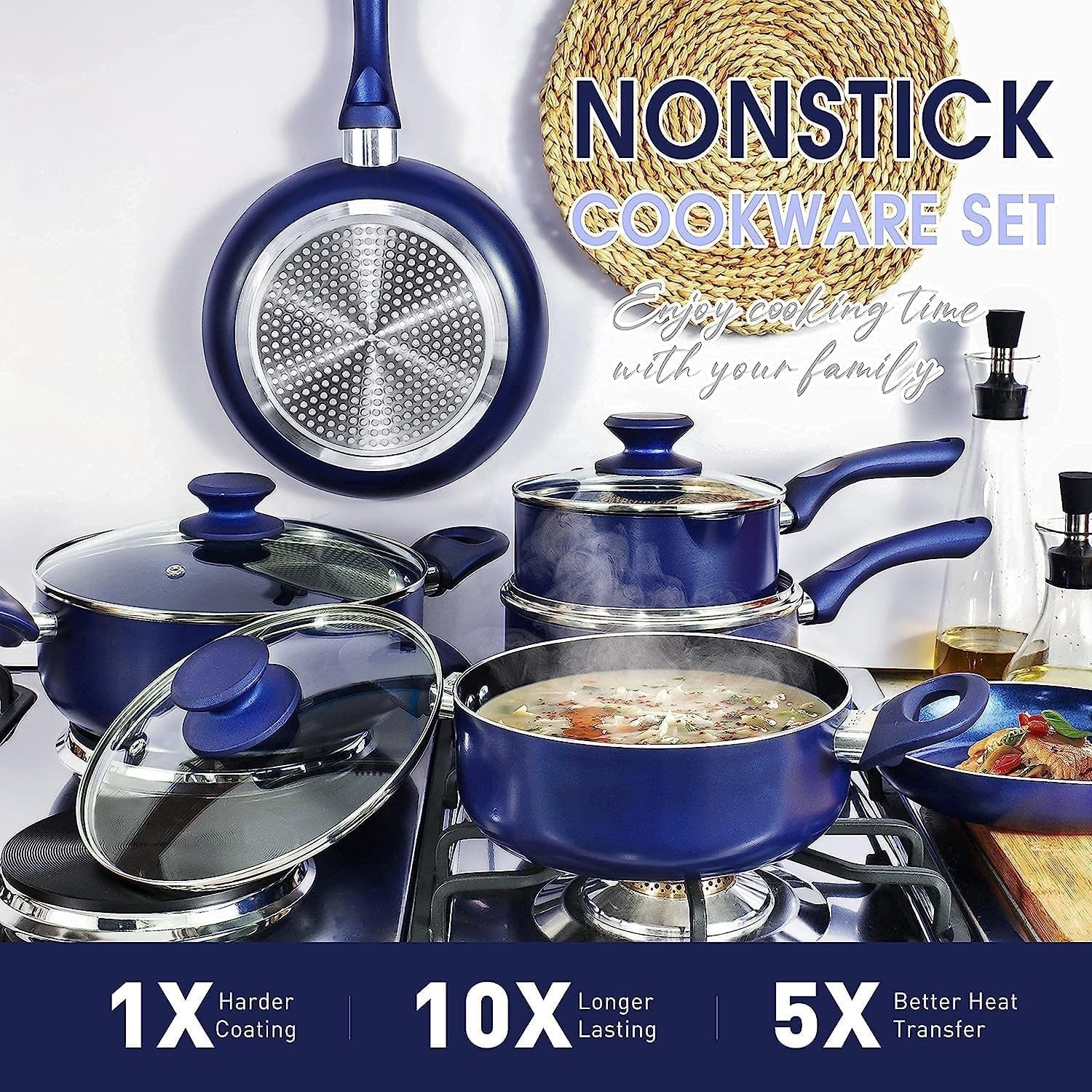 10Pcs Blue Ceramic Non Stick Cookware Set with Glass Lids, Induction Compatible
