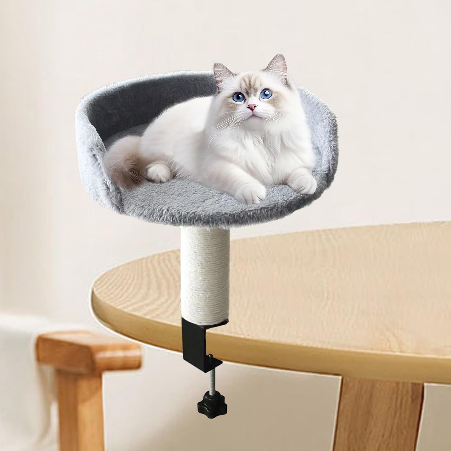 Clamp On Cat Desk Bed Plush Kitty Perch w/ Sisal Scratching Post