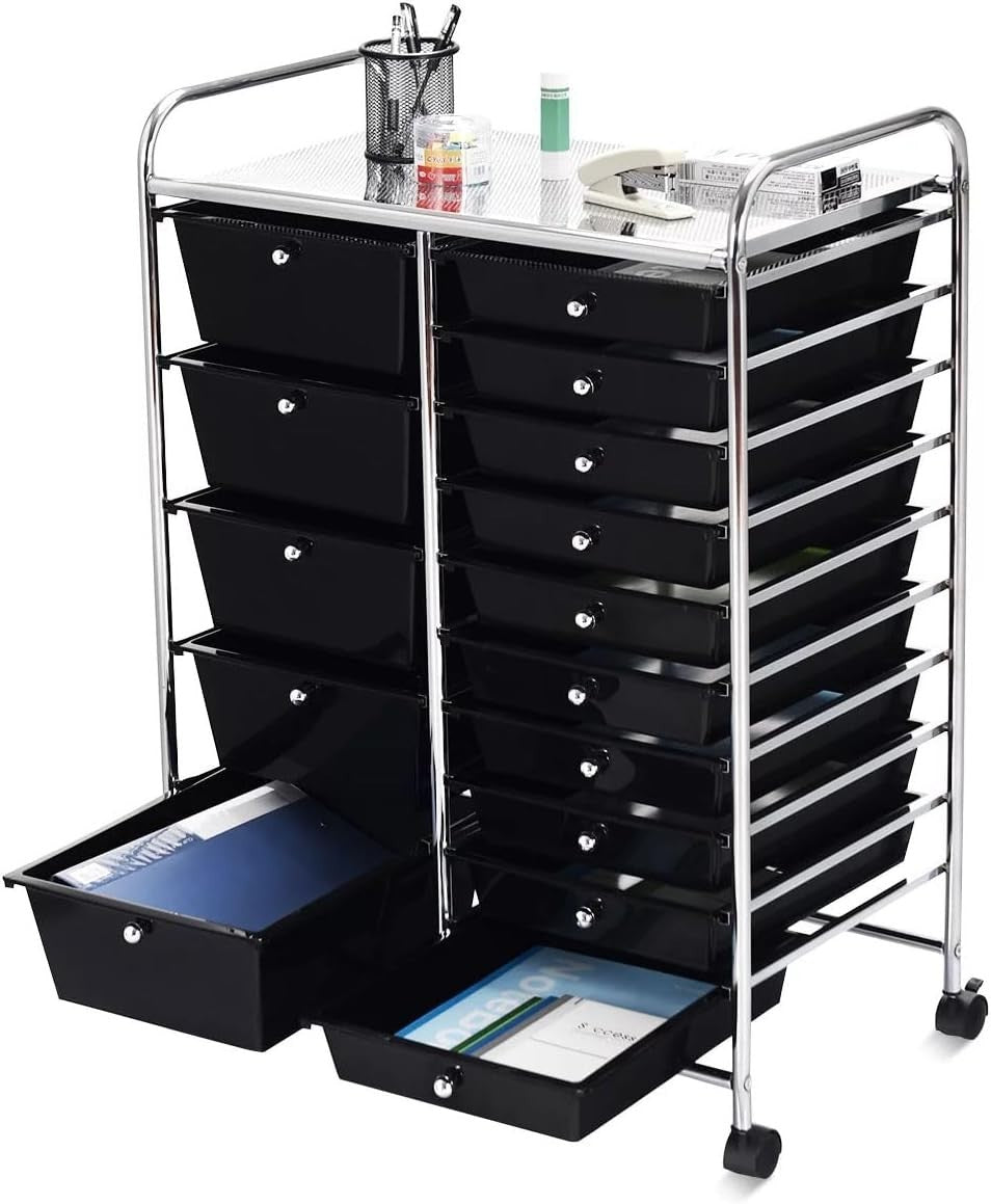 Black 15 Drawer Rolling Storage Trolley Beauty Office Organizer Cart