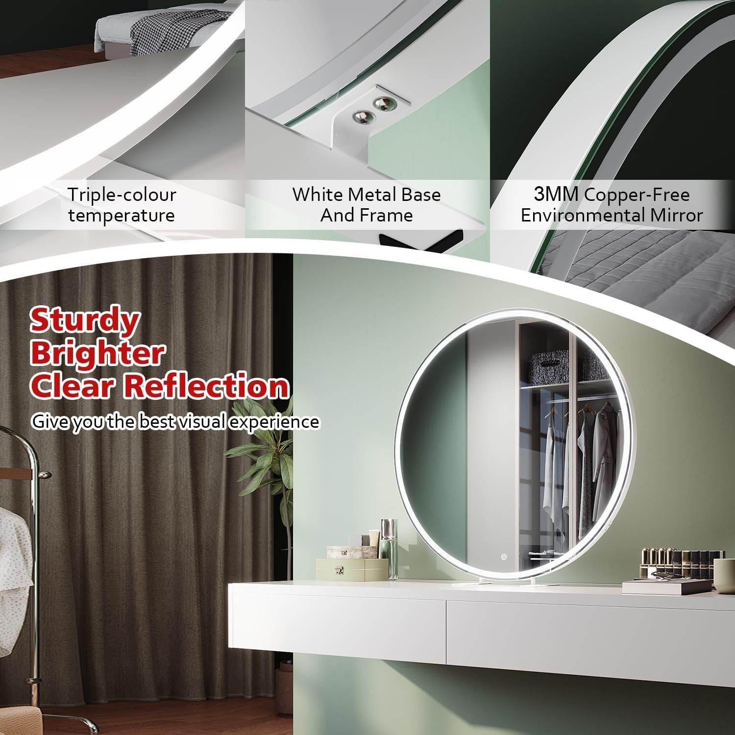 Hollywood Vanity Mirror with LED Lights, Touch Control, 3 Colors, 80cm
