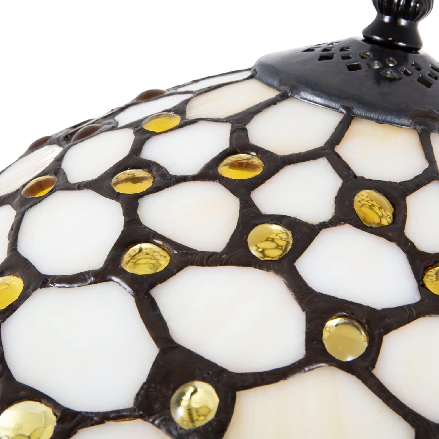Vintage Stained Glass Tiffany Table Lamp Amber Beads 12” Handmade Light
