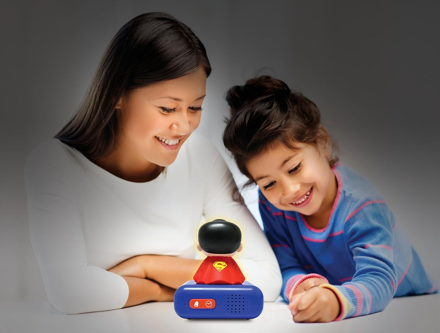 Kids Superhero Alarm Clock Night Light Blue Red LCD Snooze Sounds