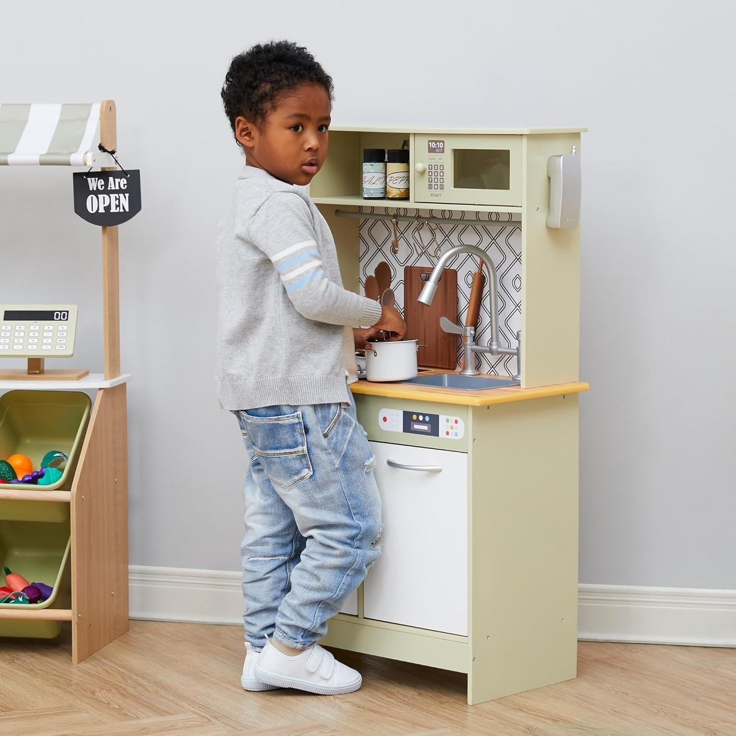 Farmhouse Kids Wooden Play Kitchen Green Pretend Cooking Toy