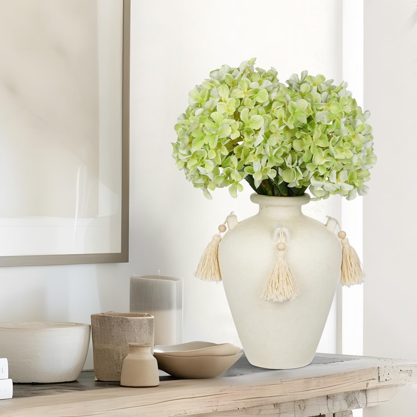 Beige Ceramic Vase with Tassels Boho Pampas Grass Rustic Home Decor 24cm