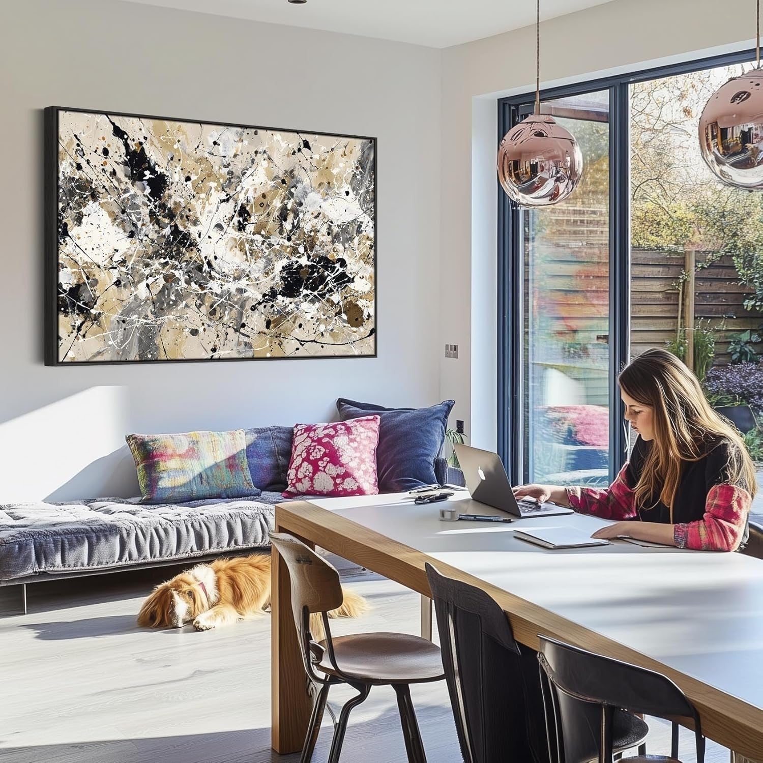 Large Neutral Black Abstract Wall Art 153x97cm Framed Canvas