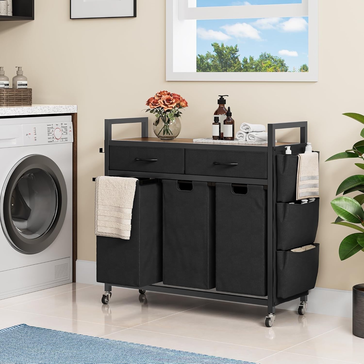 4-Compartment Laundry Sorter on Wheels with Shelf & 2 Drawers | 3 Removable Bags
