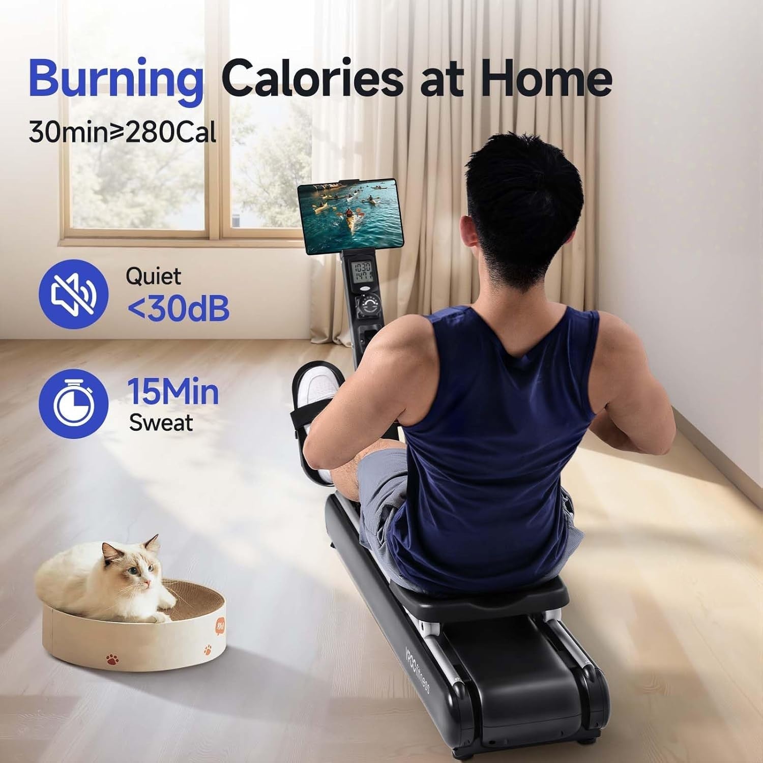 Foldable Magnetic Rowing Machine Quiet 16-Level Dual Rail App LCD Home Rower