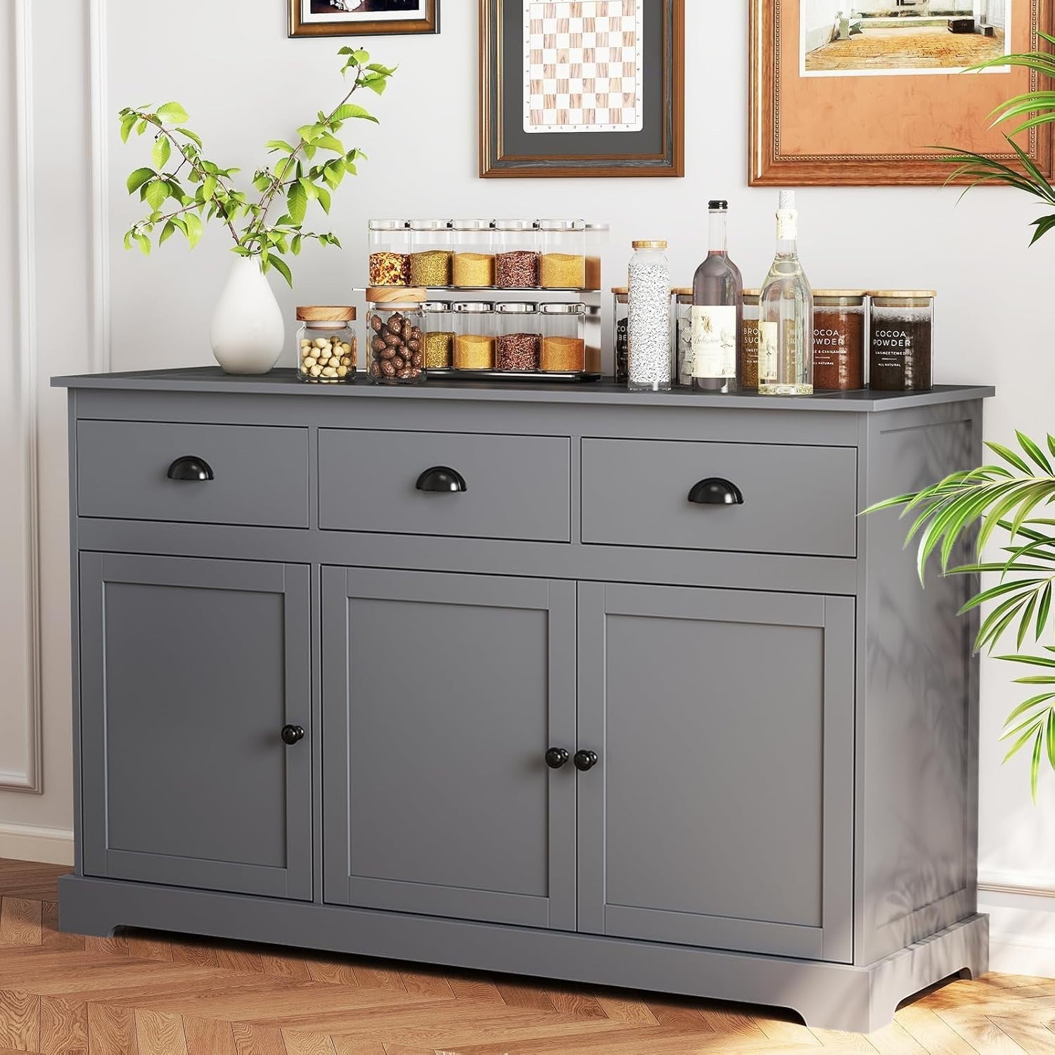 Grey Sideboard Storage Cabinet with Drawers & Adjustable Shelves Unit
