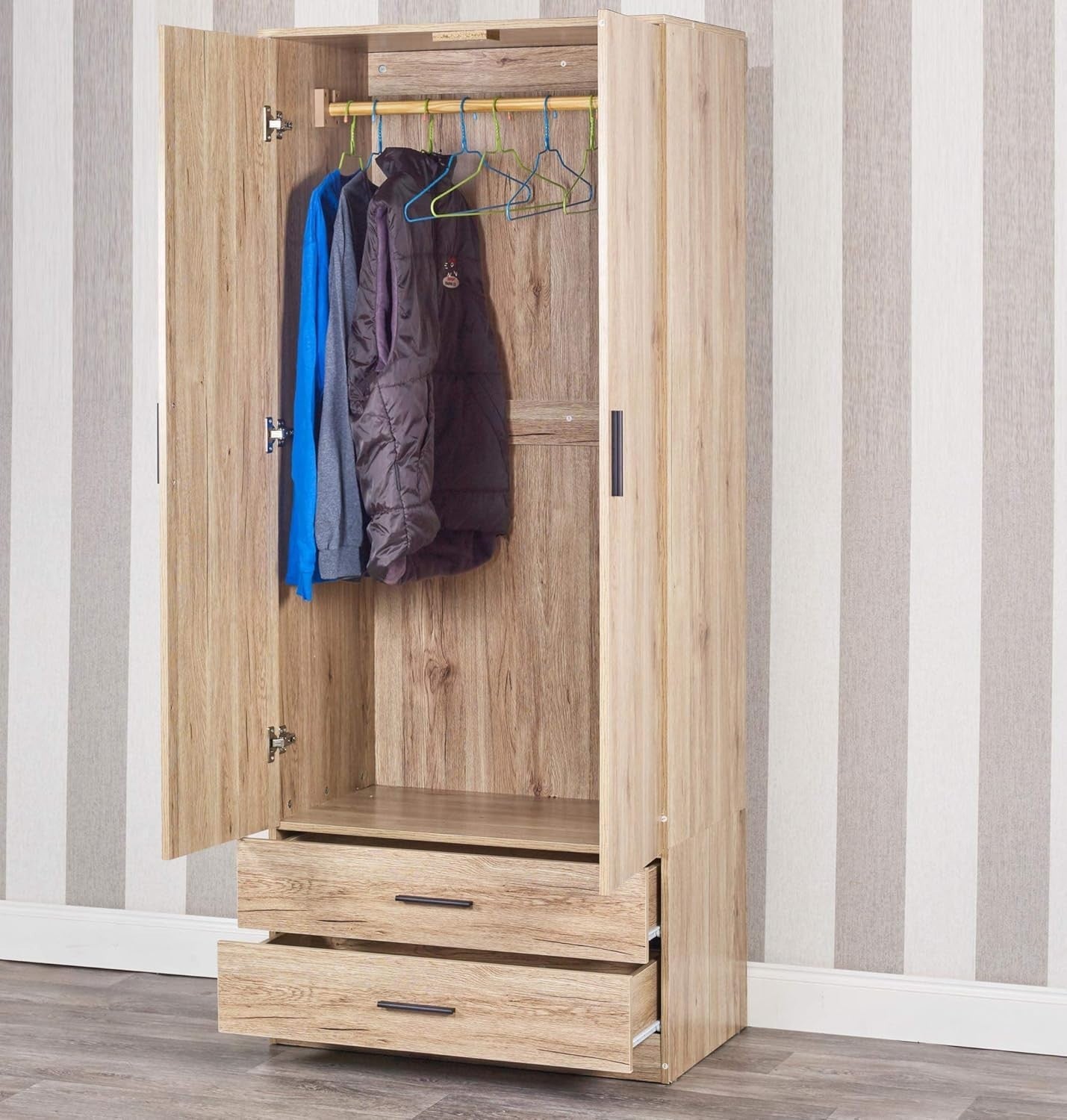 Modern Oak 2 Door Wardrobe with Drawers | Bedroom Storage & Hanging Rail