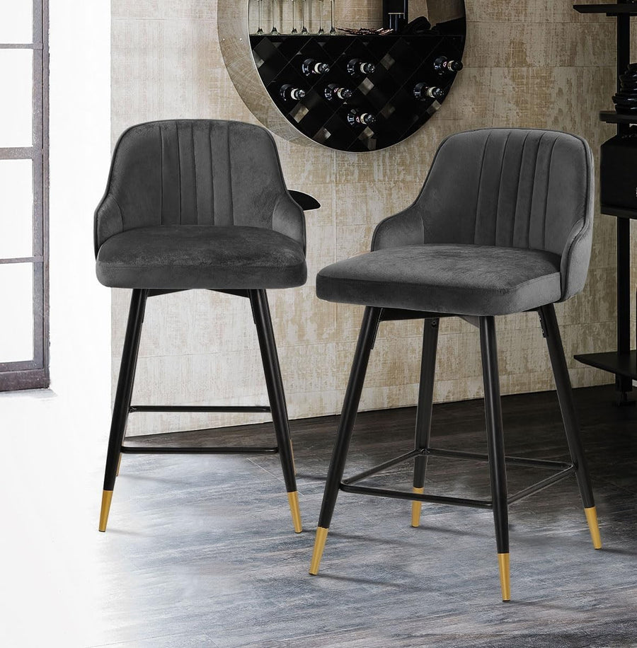 Grey Velvet Swivel Bar Stools Set of 2 65cm – Modern Kitchen Counter Chairs