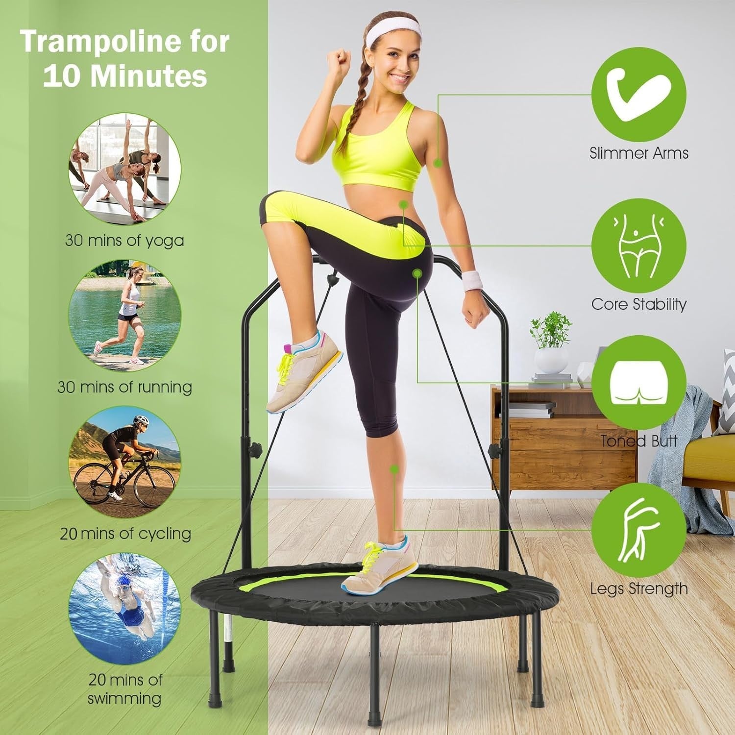 40in Foldable Fitness Trampoline Adjustable Handle Resistance Bands