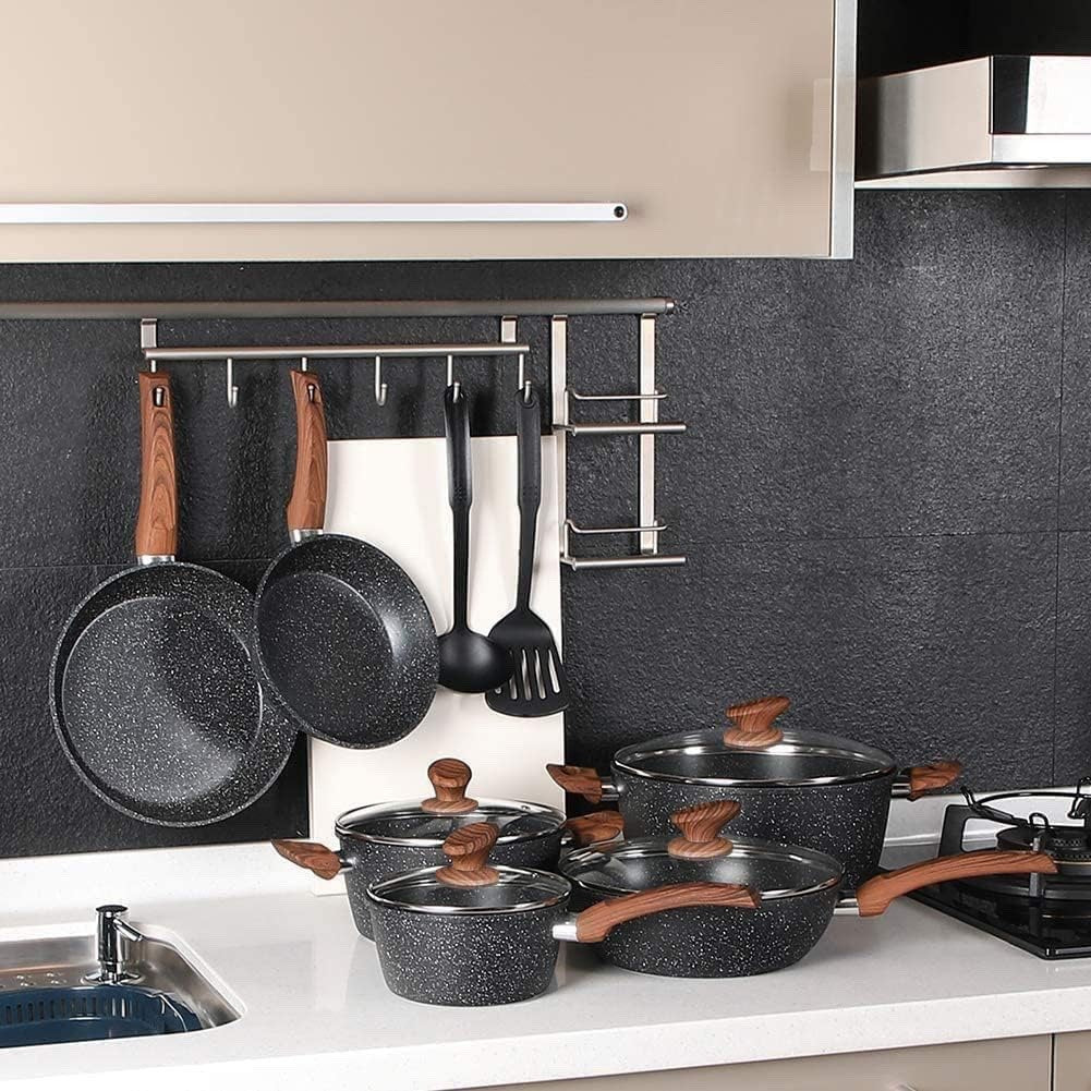12pcs Black Granite Induction Cookware Set Non Stick Pans Pots with Glass Lids
