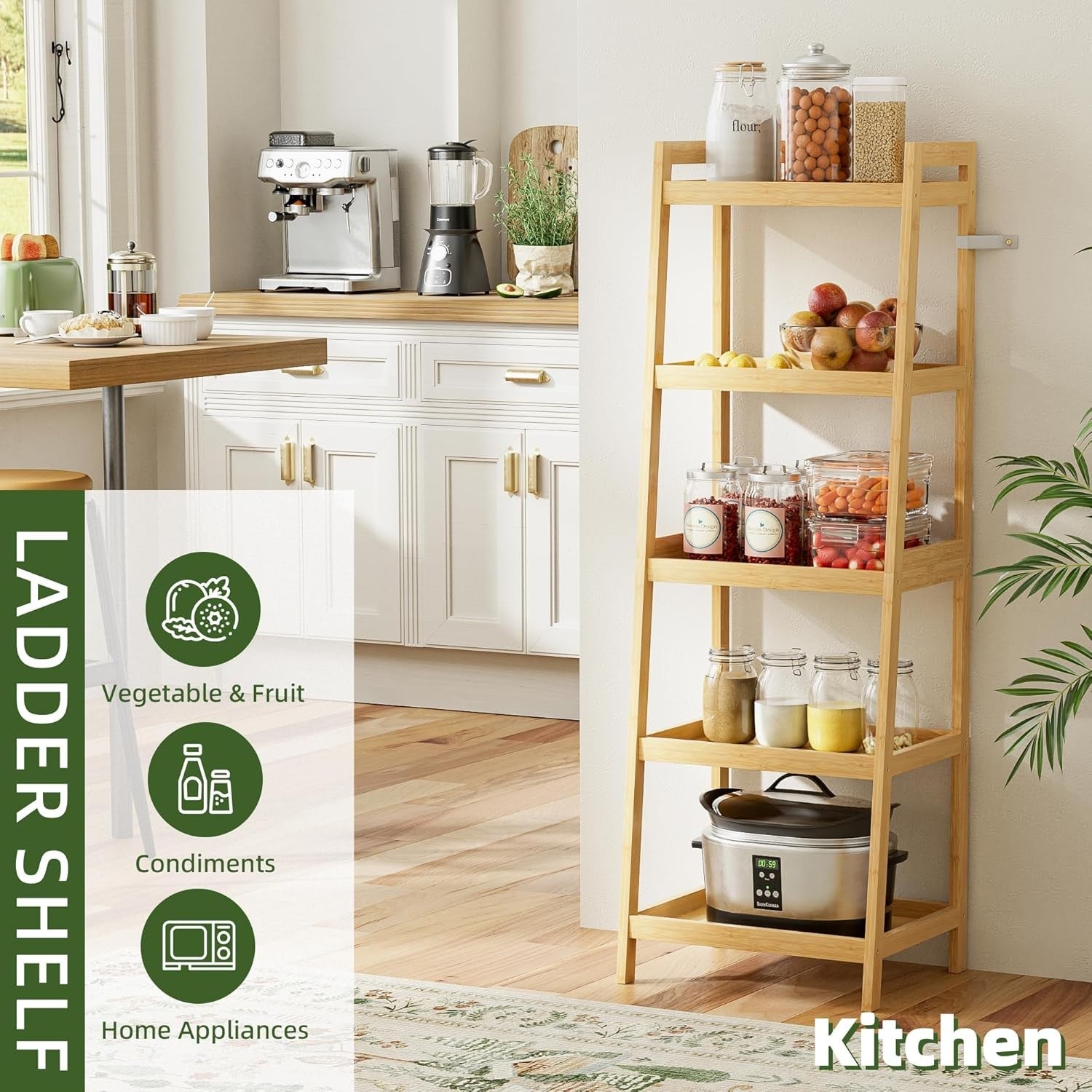 Natural Bamboo 5-Tier Ladder Bookcase, Tall Narrow Display Storage Shelf