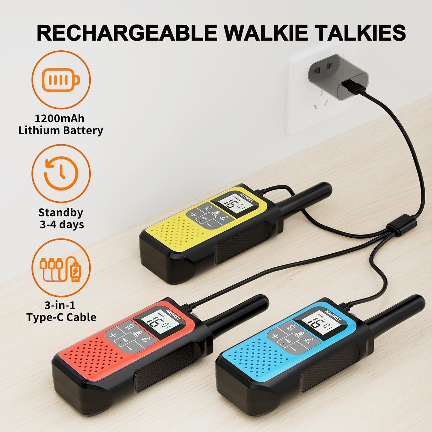 Rechargeable Walkie Talkies 3 Pack Long Range 5KM VOX 16 Channel Radio