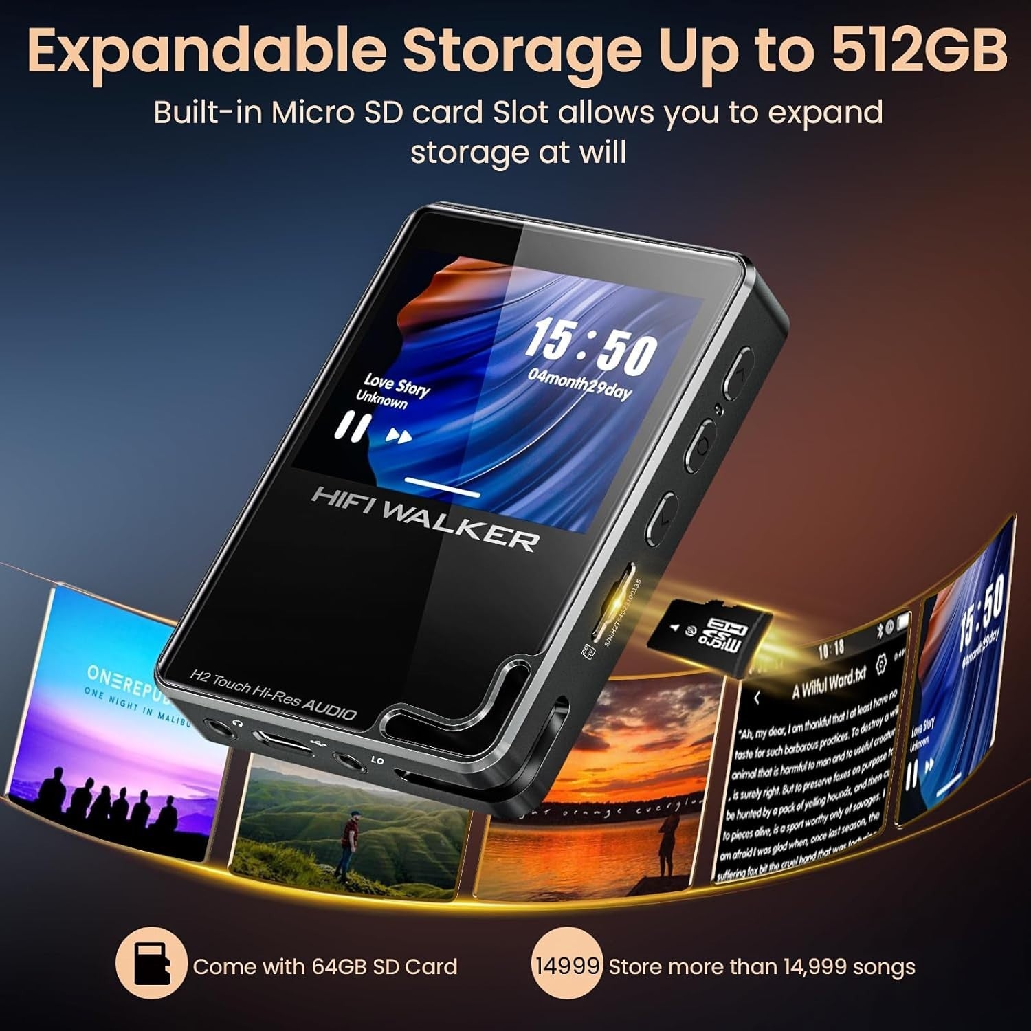 Hi-Res Touchscreen MP3 Player | Bluetooth, FLAC DSD Player, 64GB Expandable