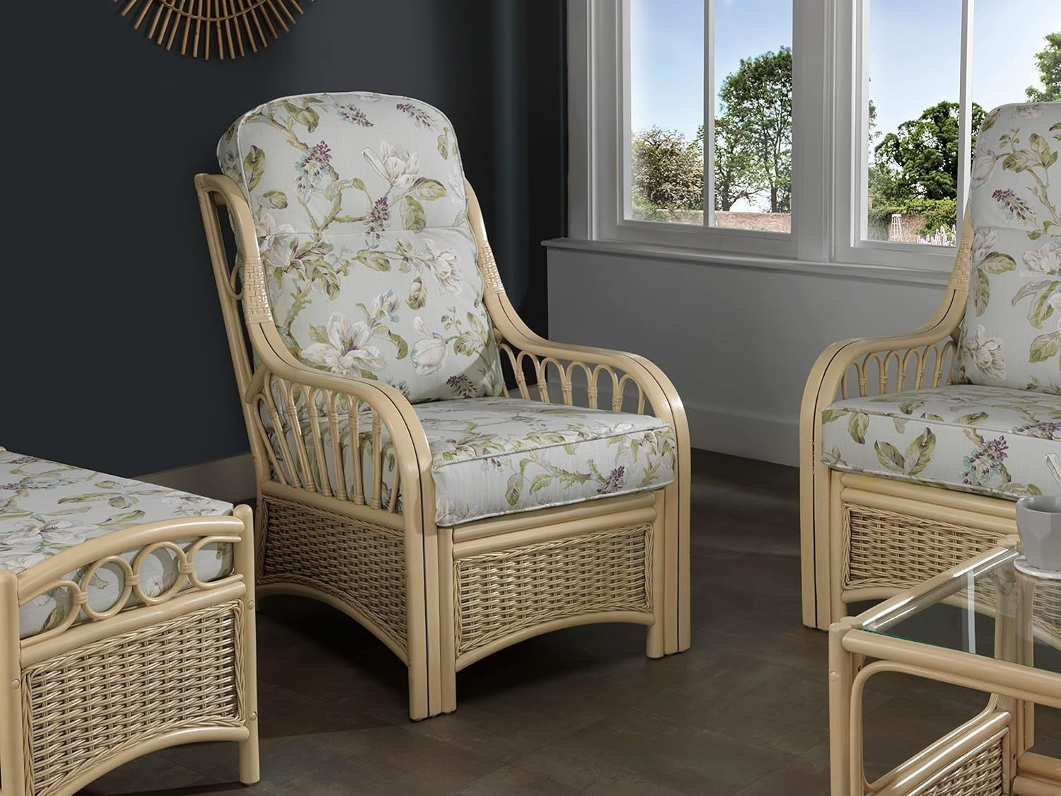 Floral Rattan Conservatory Armchair Indoor Wicker Cane Chair Deep Cushion