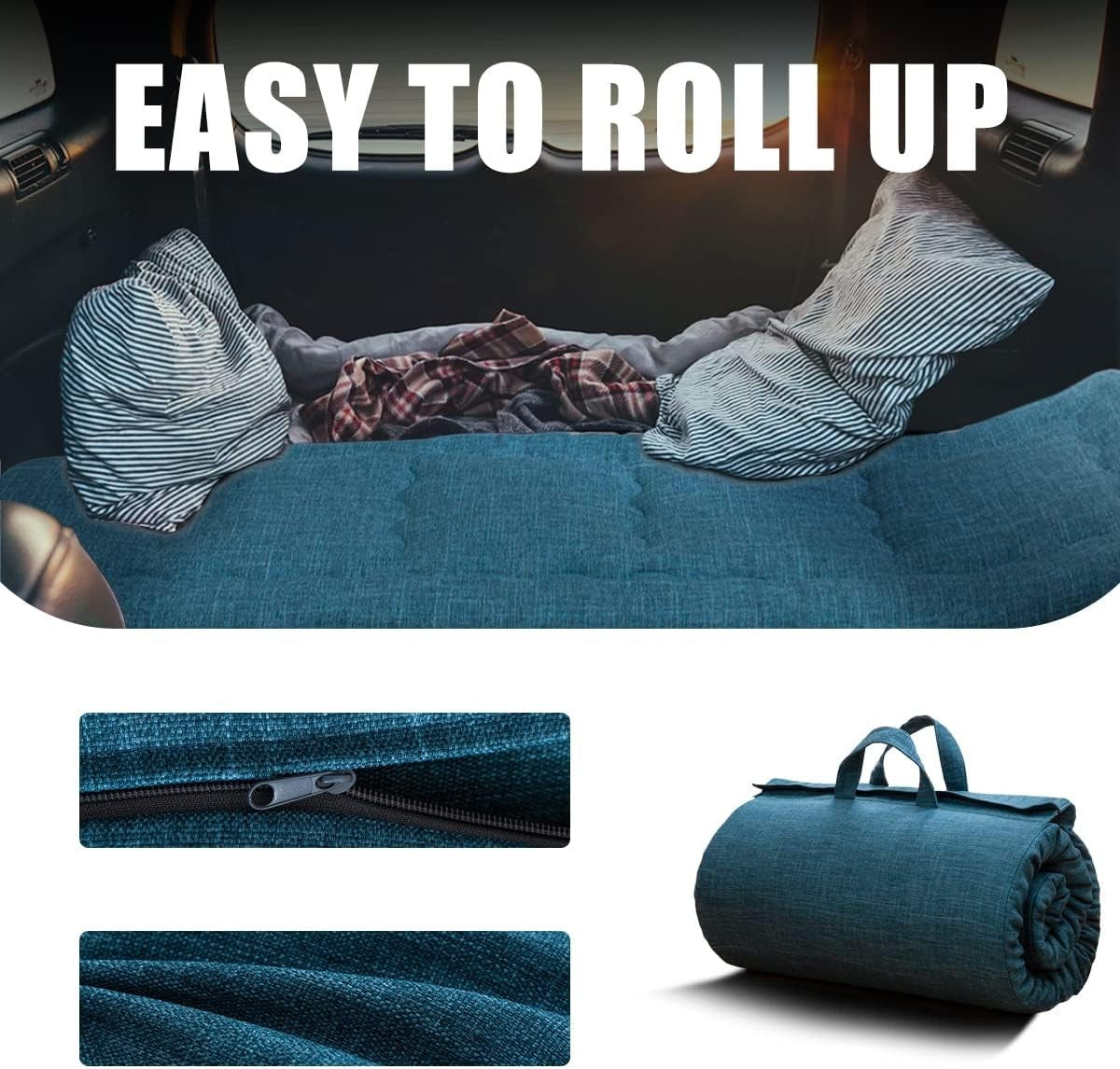 Portable Roll-Up Futon Mattress Foam Zipped Handle Bed Pad 190x71 Bluestone