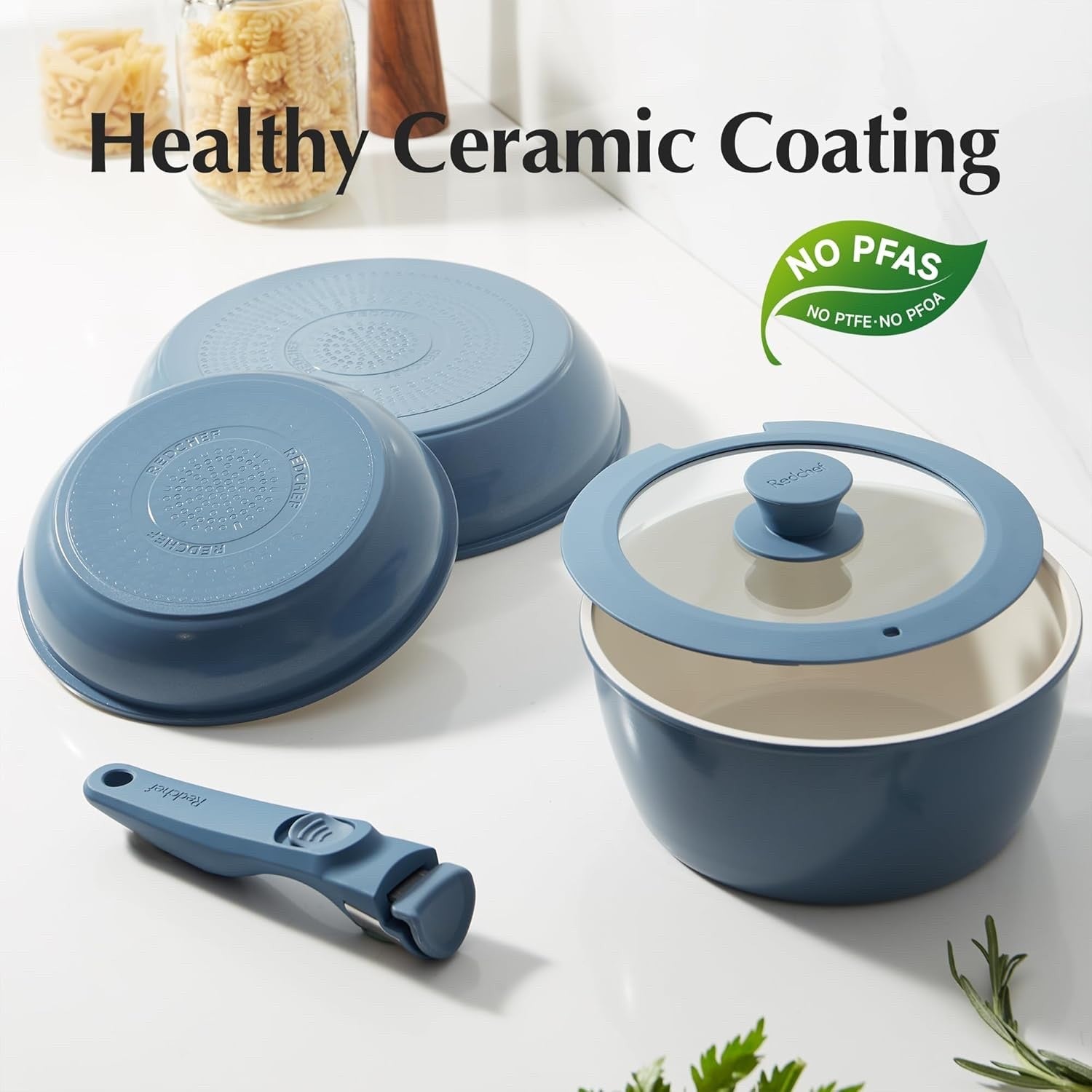 5pcs Blue Non Stick Ceramic Cookware Set with Detachable Handle Induction Safe