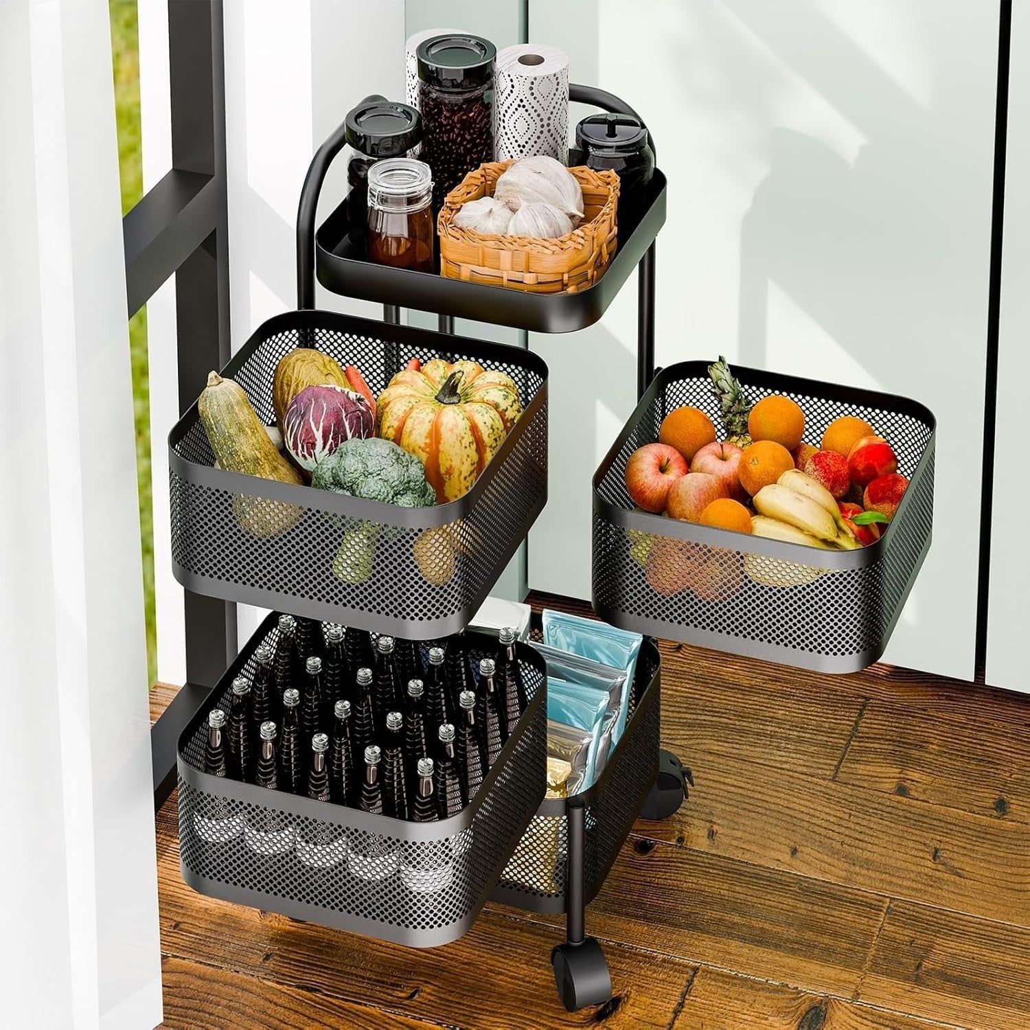 4 Tier Rotating Storage Trolley on Wheels Kitchen Bathroom Basket Rack Black