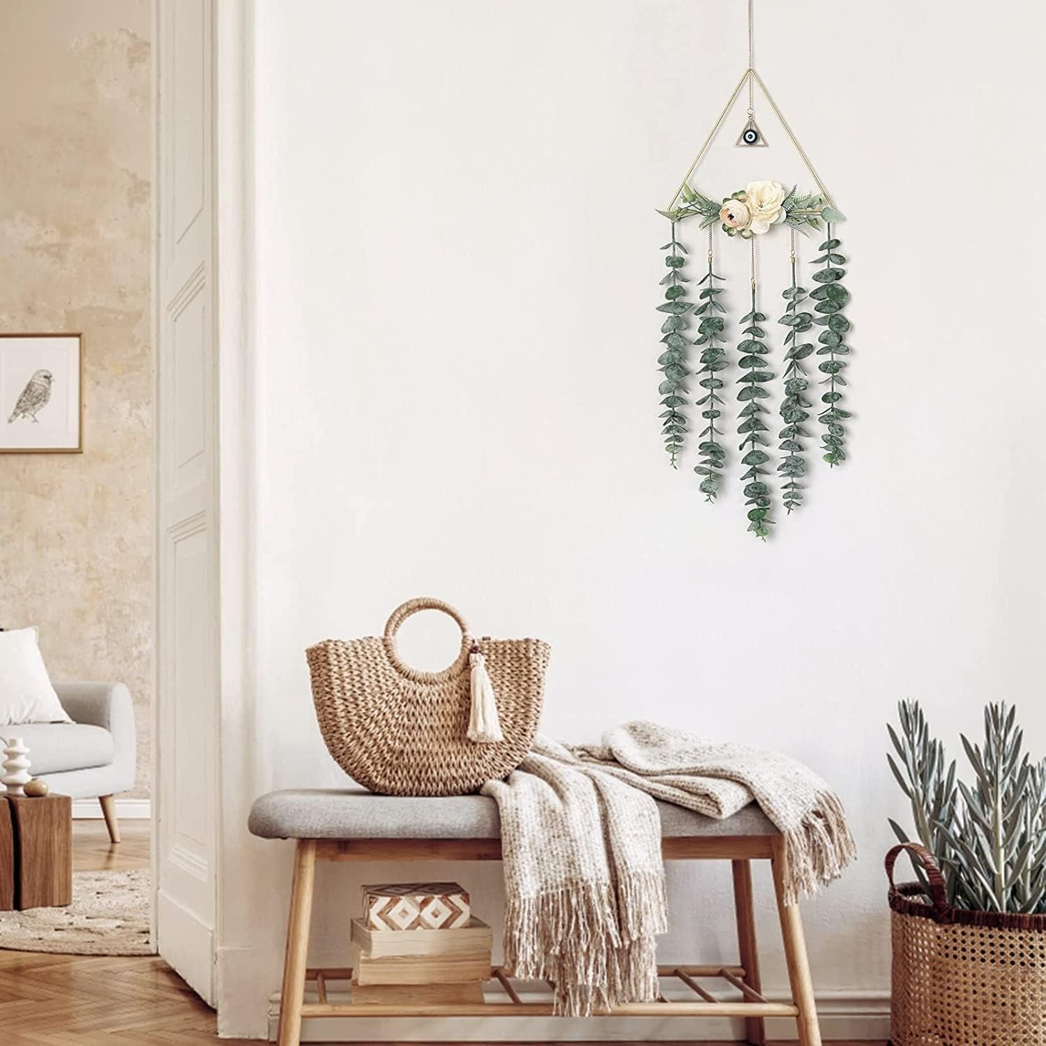 Artificial Eucalyptus Wall Hanging Boho Gold Triangle Home Decor