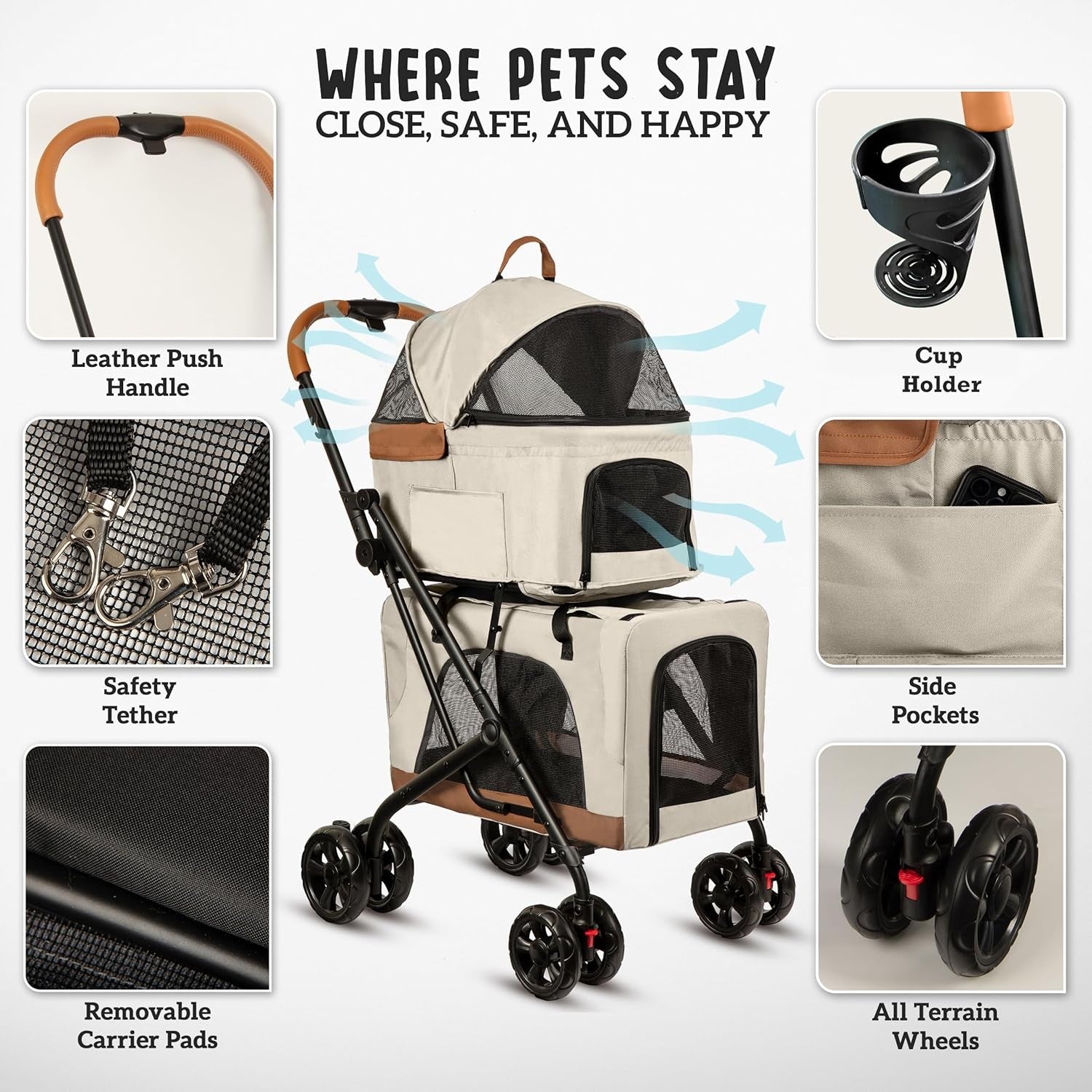 Double Pet Stroller for Dogs Cats Detachable Carriers Foldable Travel Pram