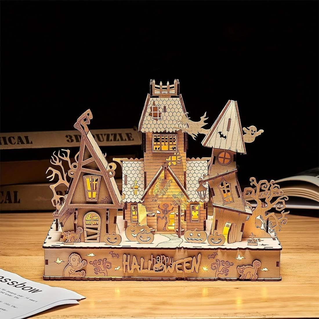 3D Wooden Halloween House Puzzle w/ LED Light | DIY Craft Kit Adults