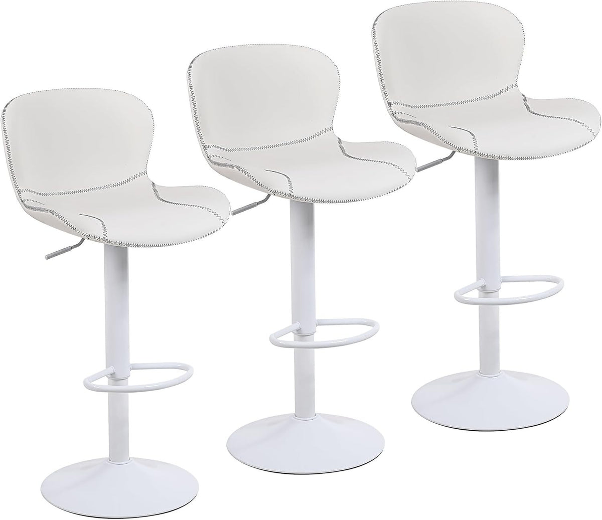 White PU Leather Bar Stools Set of 3 | Adjustable Swivel Counter Chairs