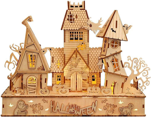 3D Wooden Halloween House Puzzle w/ LED Light | DIY Craft Kit Adults