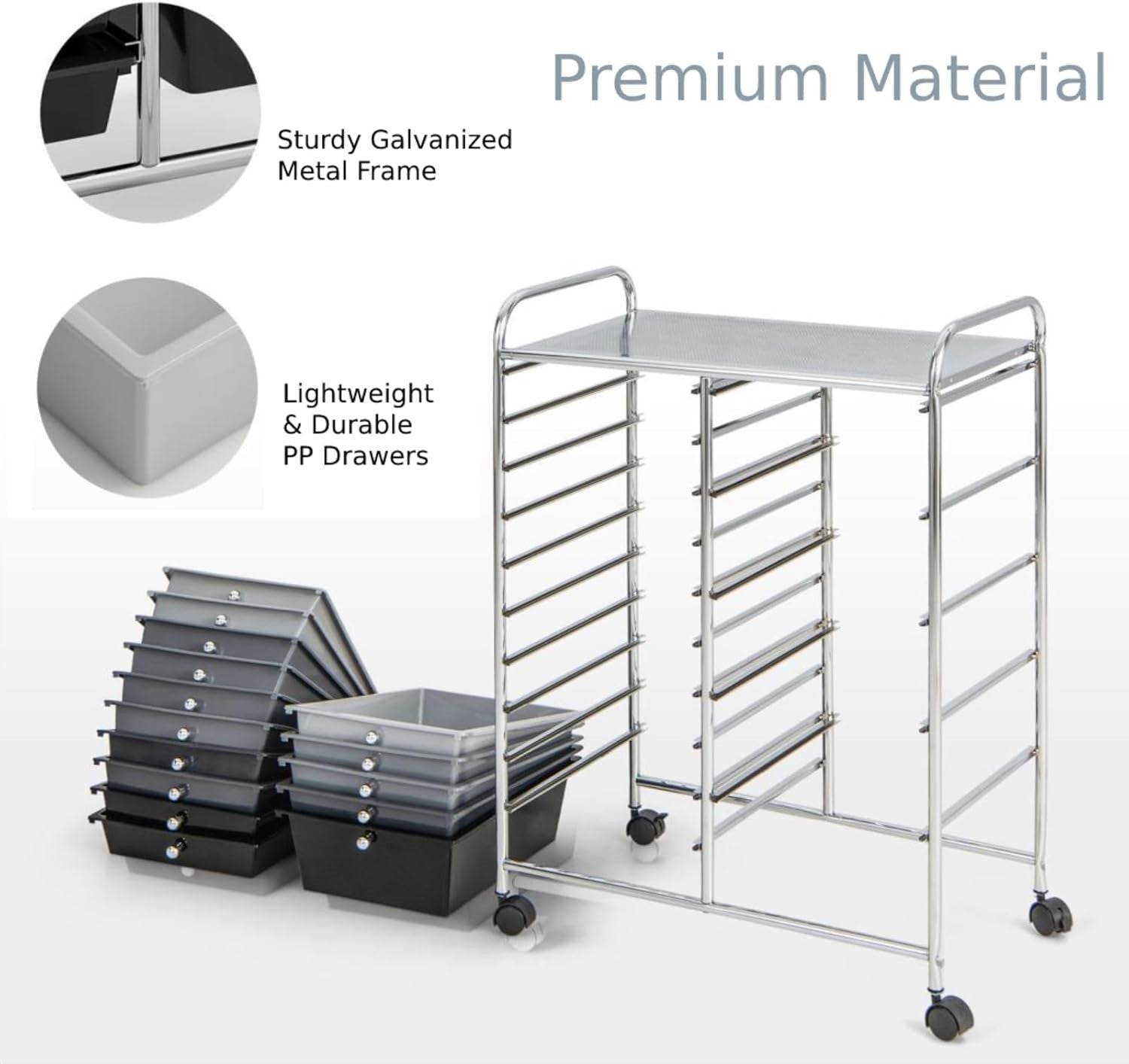 15 Drawer Rolling Storage Trolley Utility Organizer Cart Black Silver