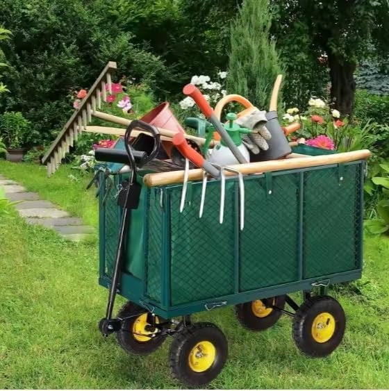Heavy Duty 550kg Steel Garden Trolley Wagon with Removable Sides & Liner Green
