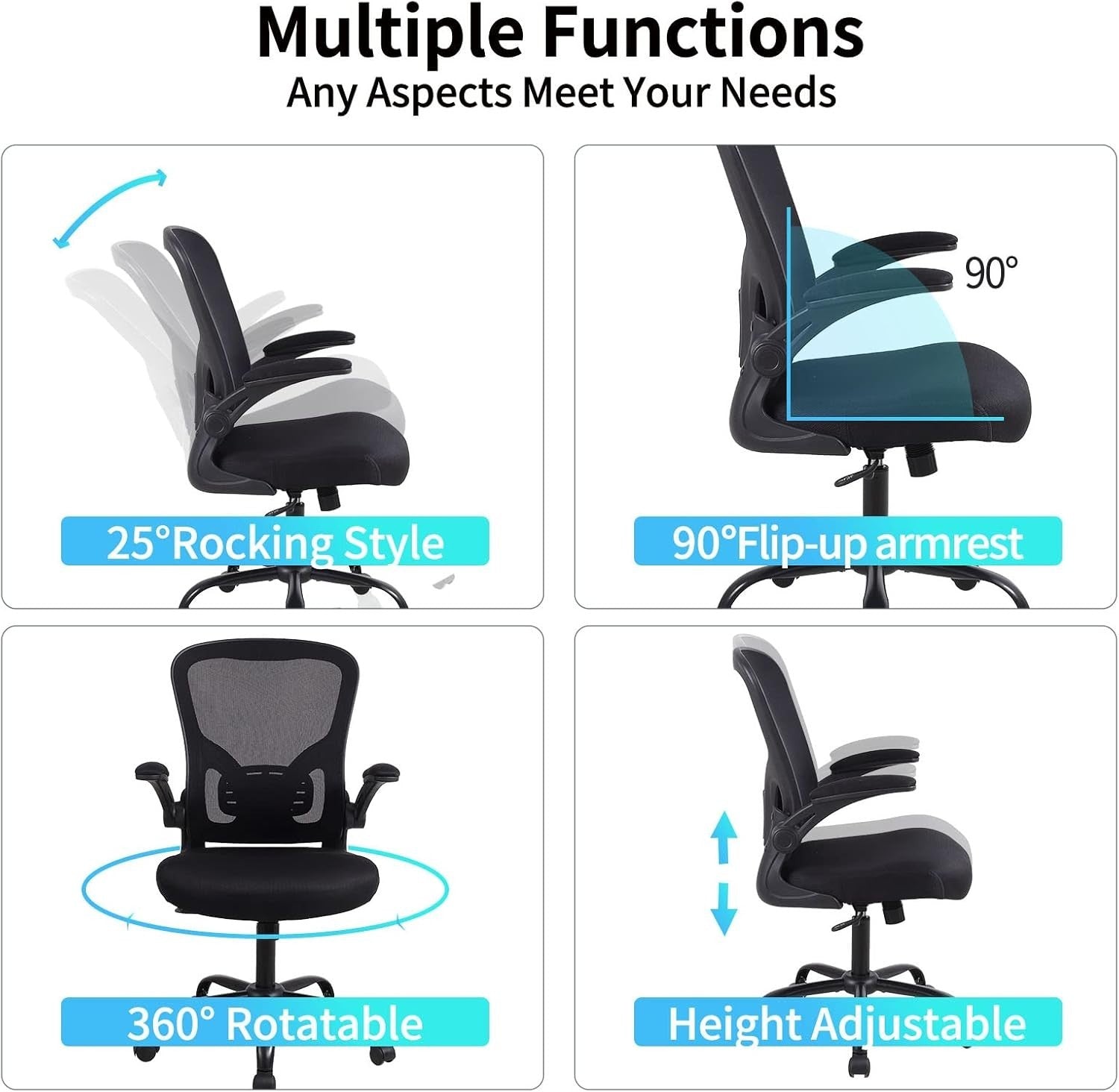 Ergonomic Office Chair Mesh Back Flip Armrests Adjustable Height Reclining Desk