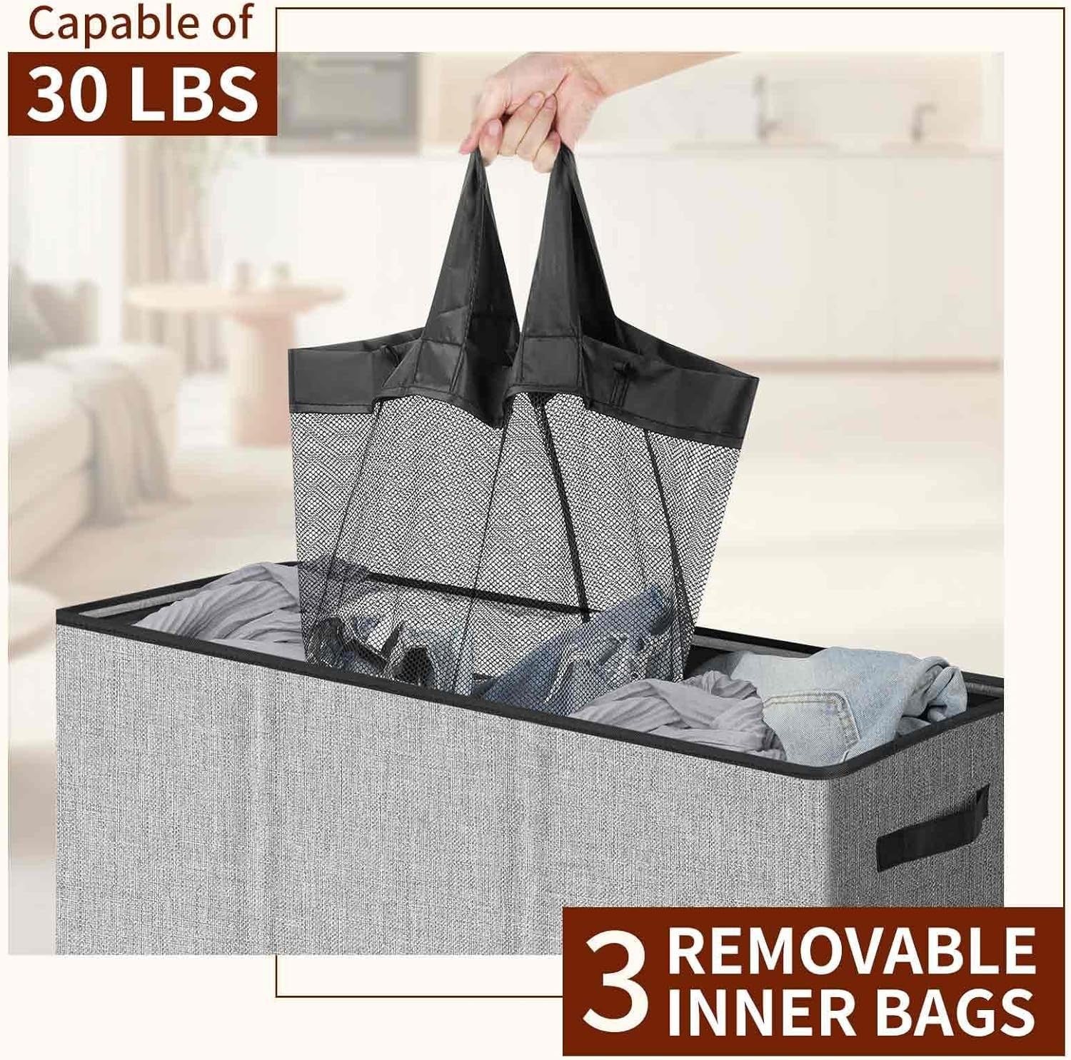 180L Large Laundry Hamper with Lid | 3-Section Sorter | Removable Bags, Grey