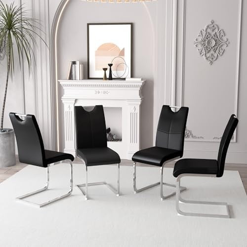 100cm Round Glass Dining Table with 4 Black Faux Leather Chairs Set