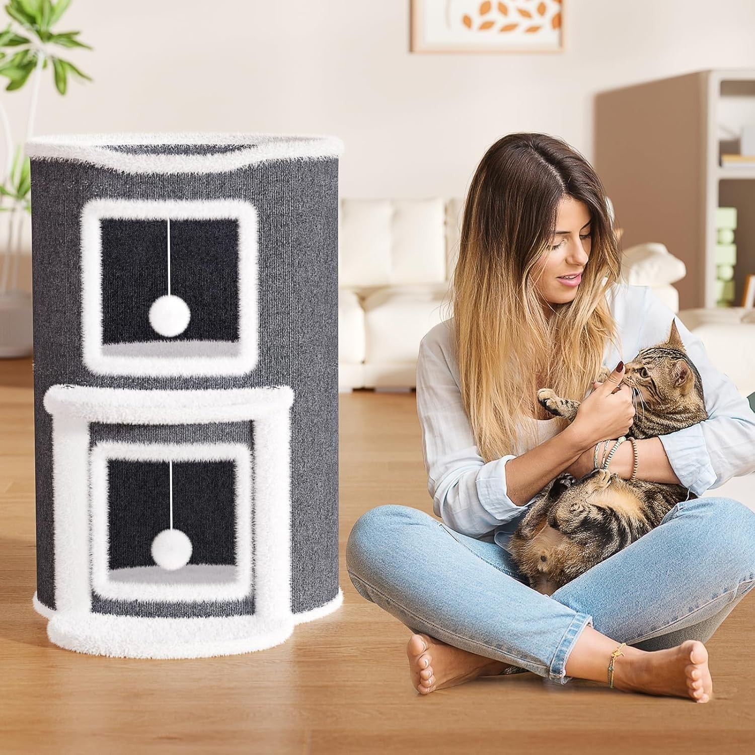 2 Tier Cat House Condo Large Cat Cave Bed w Scratch Pad Hanging Ball