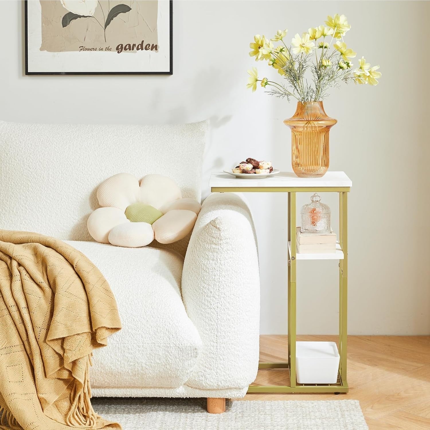 Set of 2 C-Shaped End Tables Marble White & Gold – Compact, Sturdy, Multi-Use