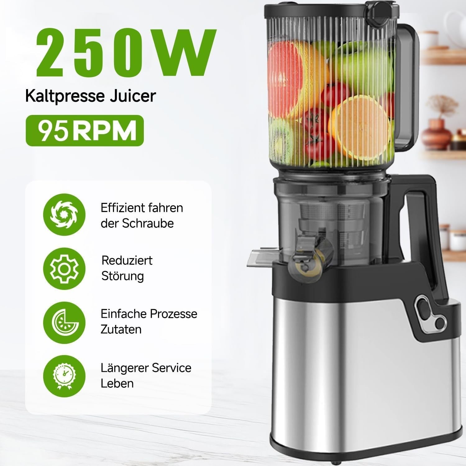 Cold Press Juicer 250W Slow Masticating Wide Feed Chute Quiet High Yield